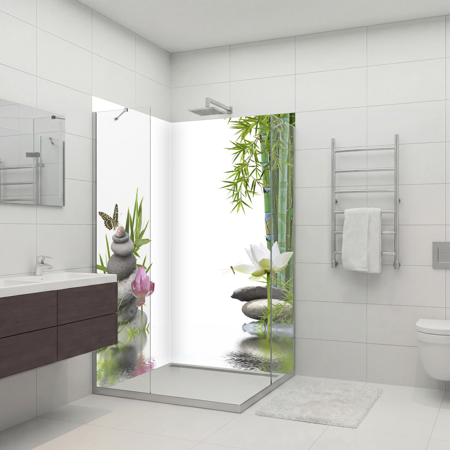 Duschrückwand mit Zen V3 Motiv, als Badrückwand zum Fliesenersatz