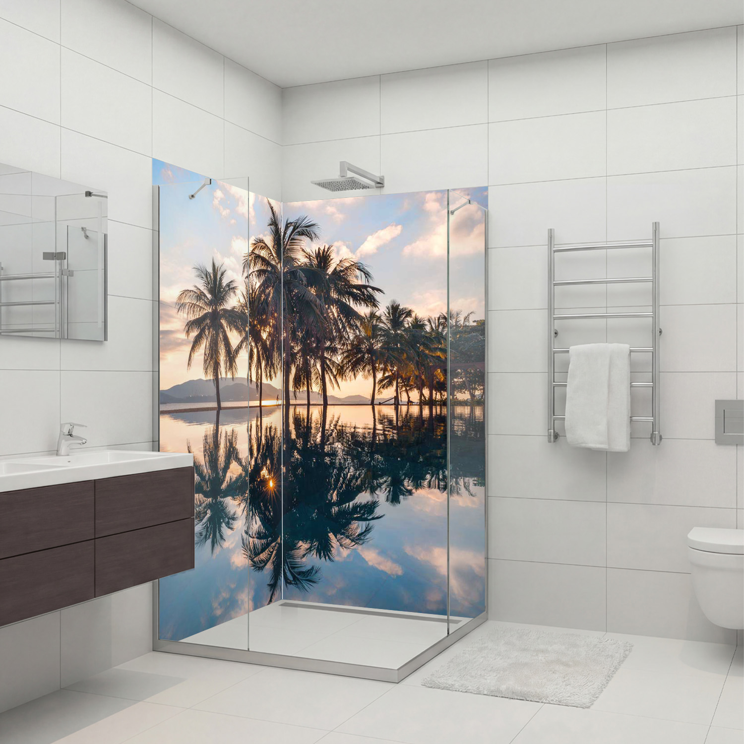 Duschrückwand mit Palmen V1 Motiv, als Badrückwand zum Fliesenersatz