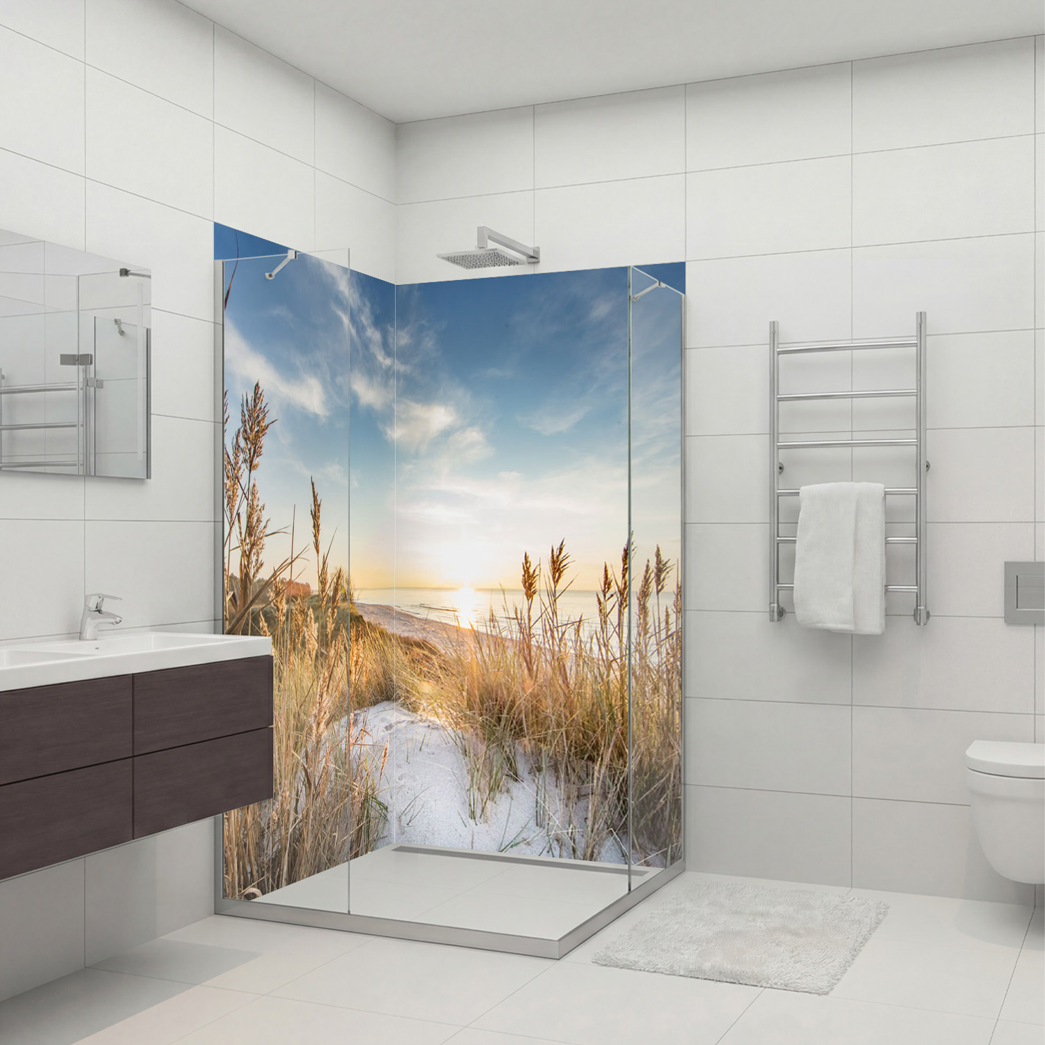 Duschrückwand mit Dünengras V3 Motiv, als Badrückwand zum Fliesenersatz