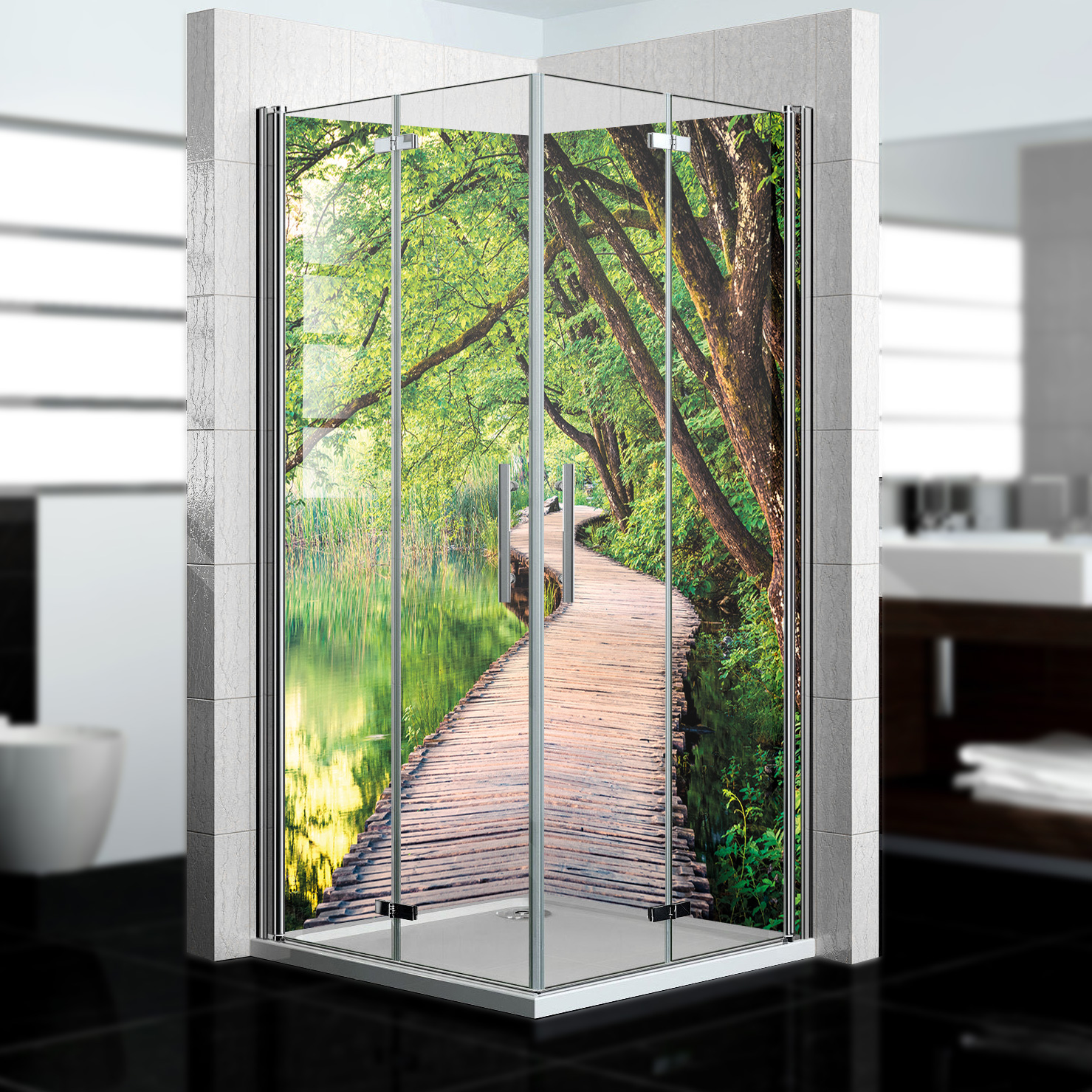 Duschrückwand mit Wald V4 Motiv, als Badrückwand zum Fliesenersatz Duschrückwand mit Wald V4 Motiv, als Badrückwand zum Fliesenersatz