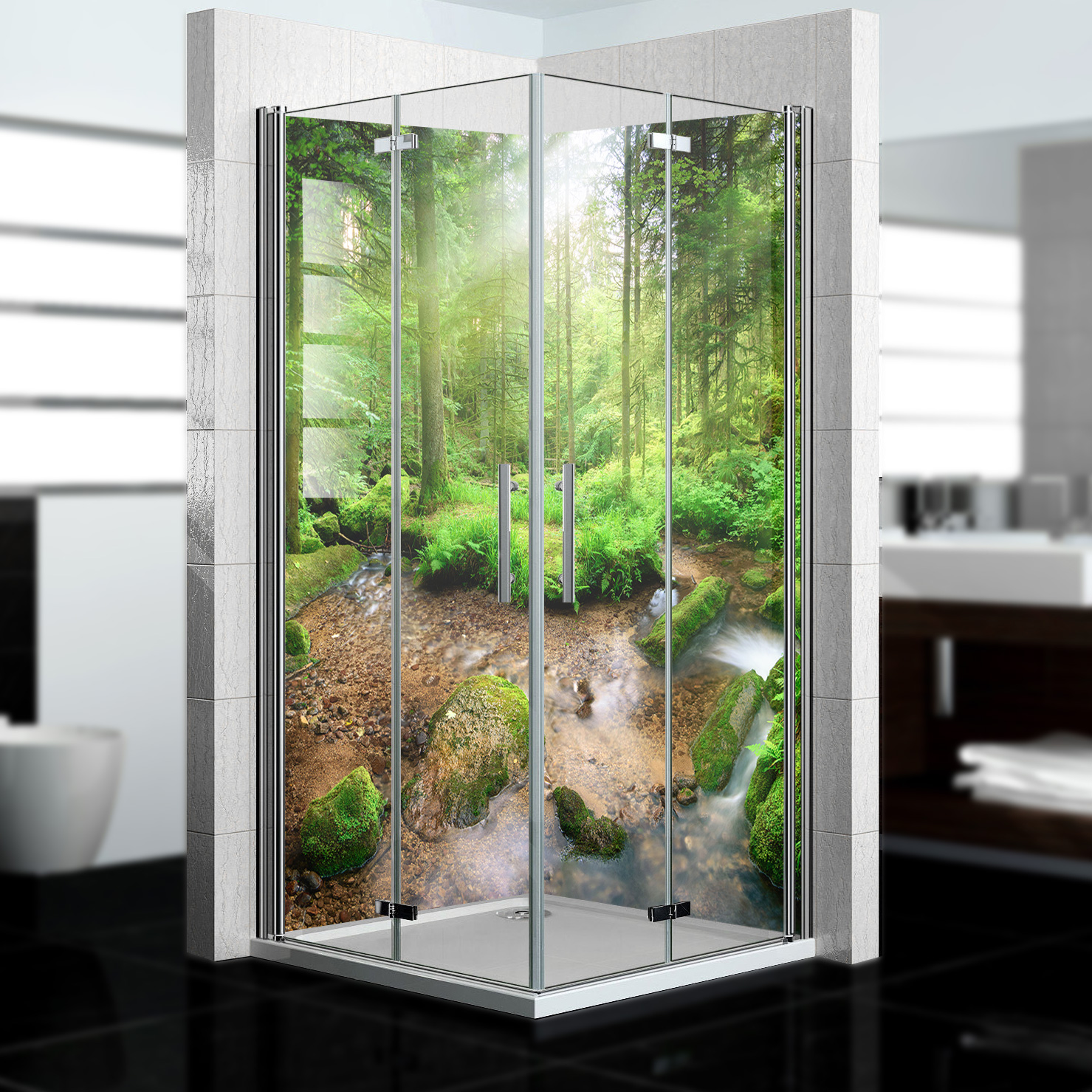 Duschrückwand mit Wald V3 Motiv, als Badrückwand zum Fliesenersatz  Duschrückwand mit Wald V3 Motiv, als Badrückwand zum Fliesenersatz