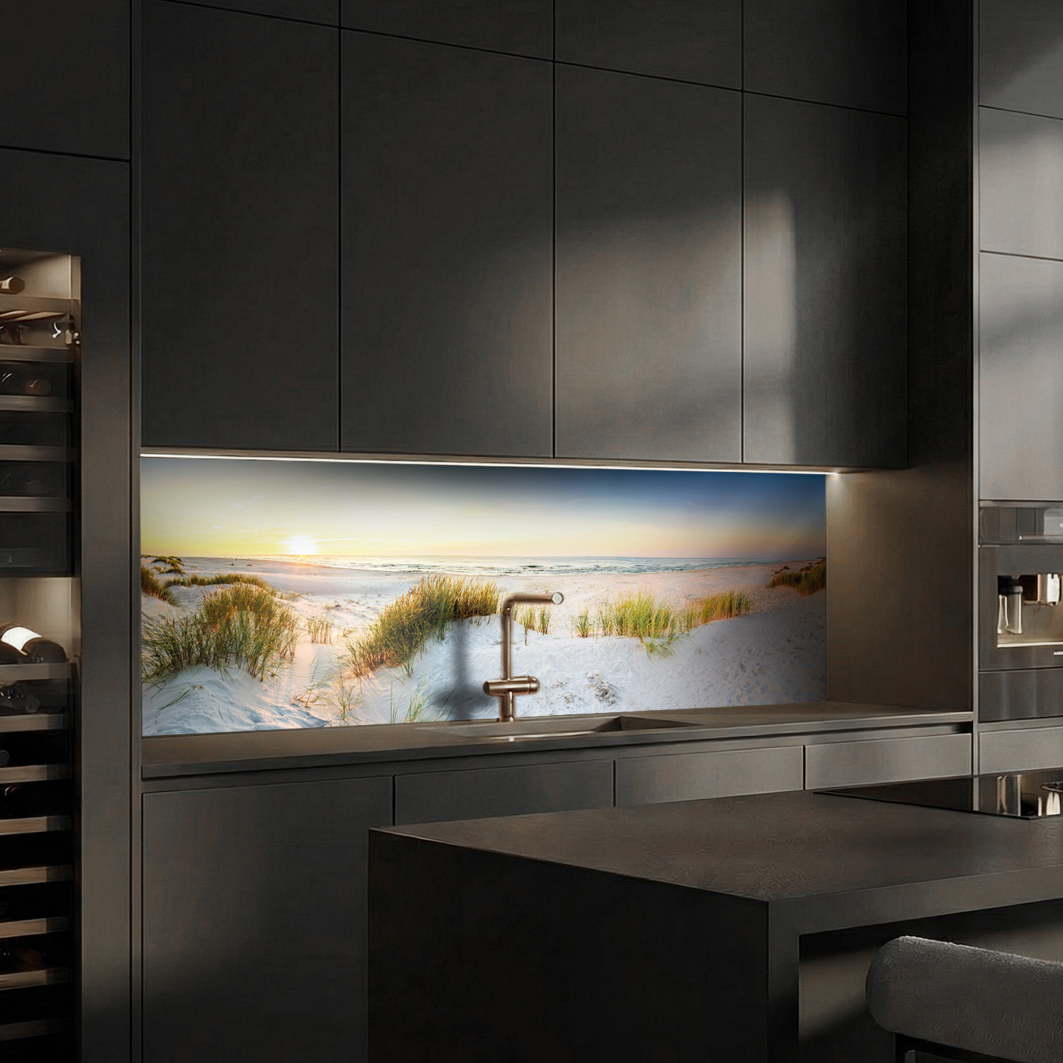 Küchenrückwand mit Strand V2 Motiv als Fliesenersatz und Spritzschutz