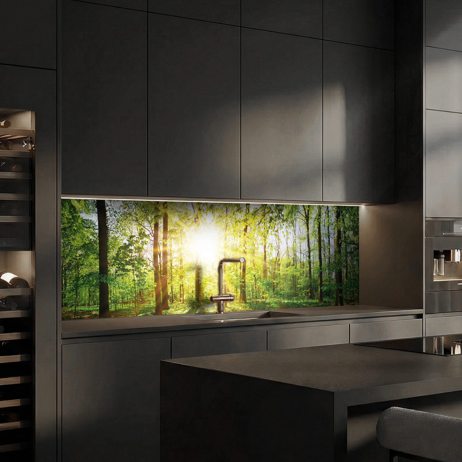 Küchenrückwand mit Wald V1  Motiv als Fliesenersatz und Spritzschutz