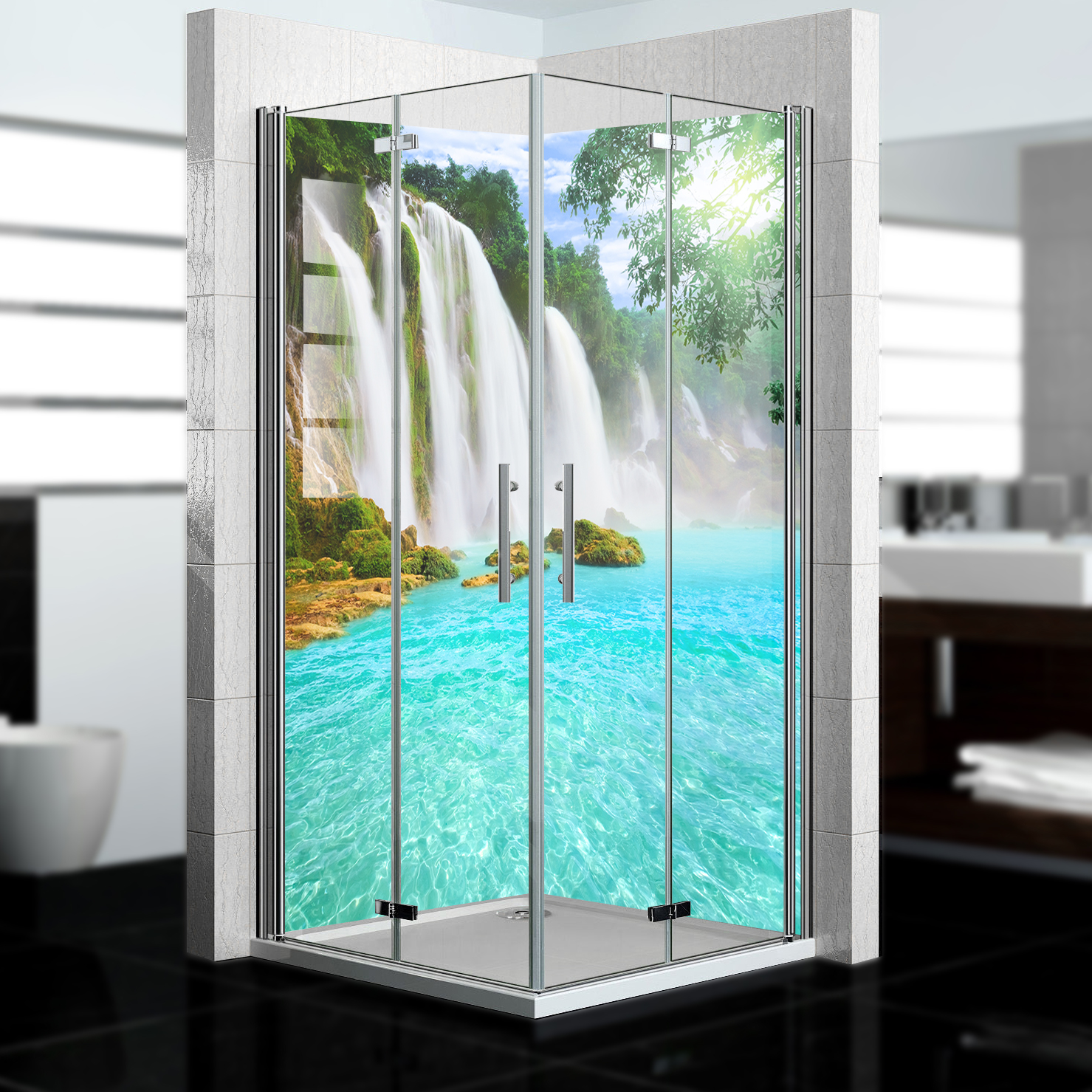 Duschrückwand mit  Wasserfall V13 Motiv, als Badrückwand zum Fliesenersatz  Duschrückwand mit  Wasserfall V13 Motiv, als Badrückwand zum Fliesenersatz