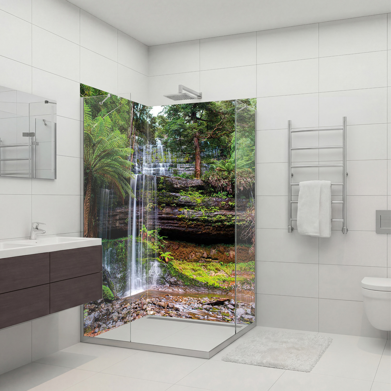 Duschrückwand mit Wasserfall V21 Motiv, als Badrückwand zum Fliesenersatz