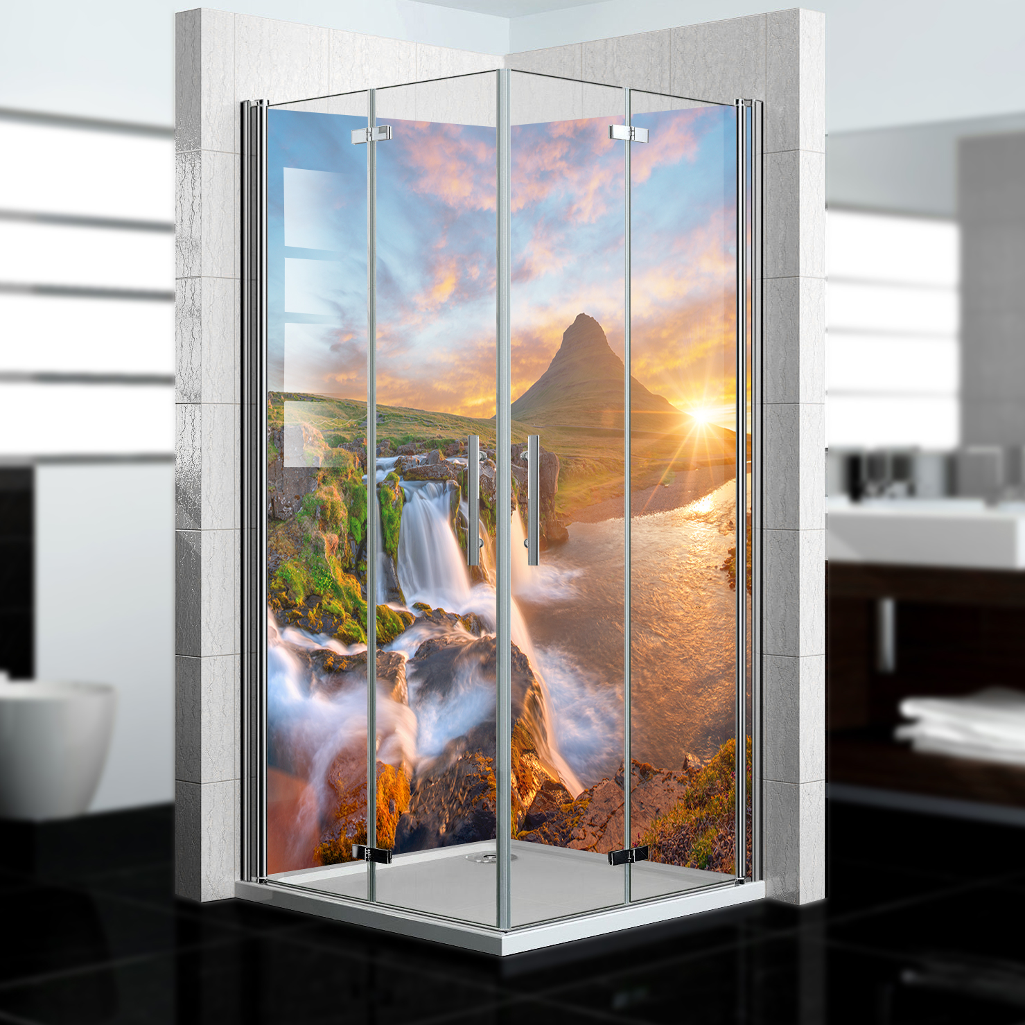 Duschrückwand mit Wasserfall V10 Motiv, als Badrückwand zum Fliesenersatz  Duschrückwand mit Wasserfall V10 Motiv, als Badrückwand zum Fliesenersatz