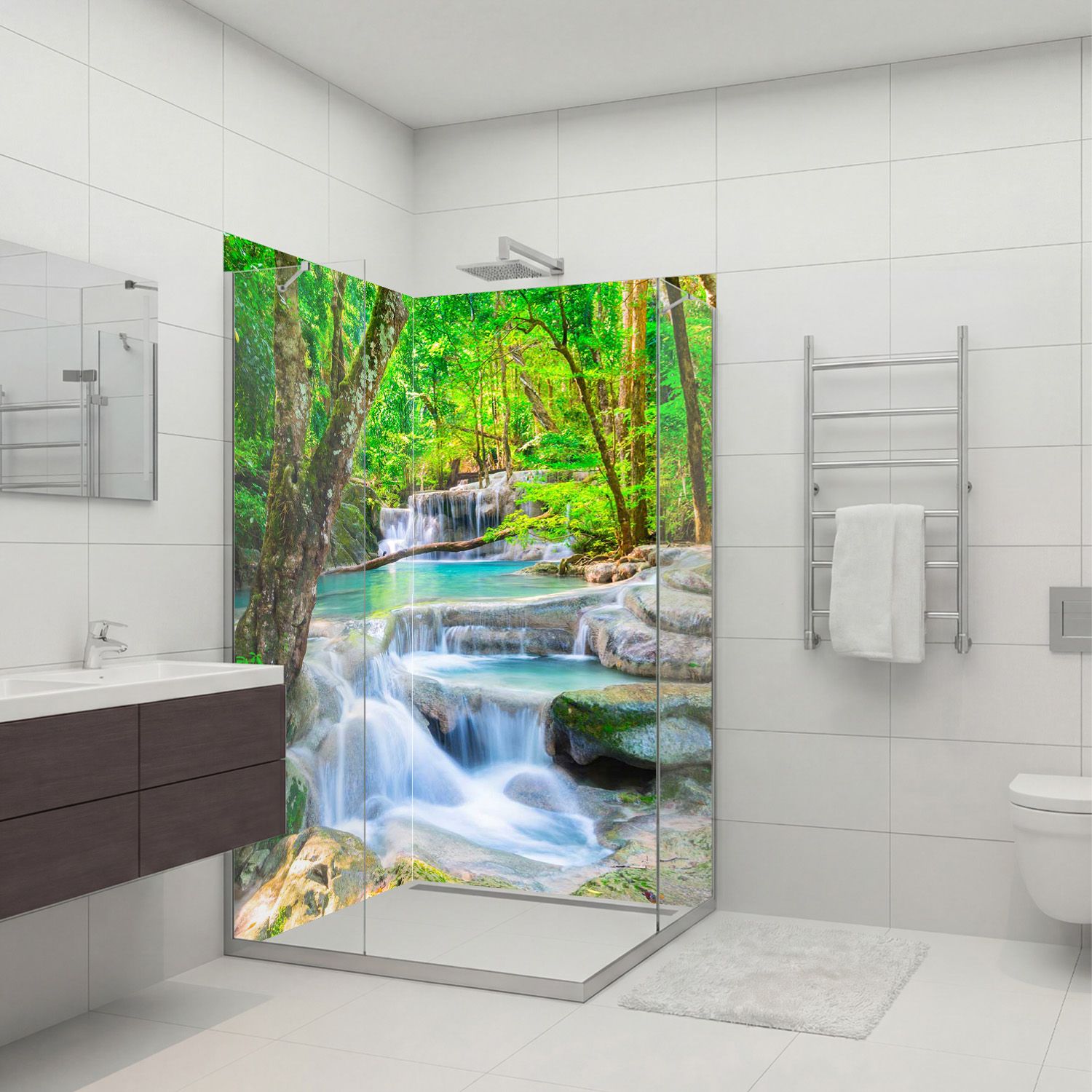 Duschrückwand mit Wasserfall V8 Motiv, als Badrückwand zum Fliesenersatz