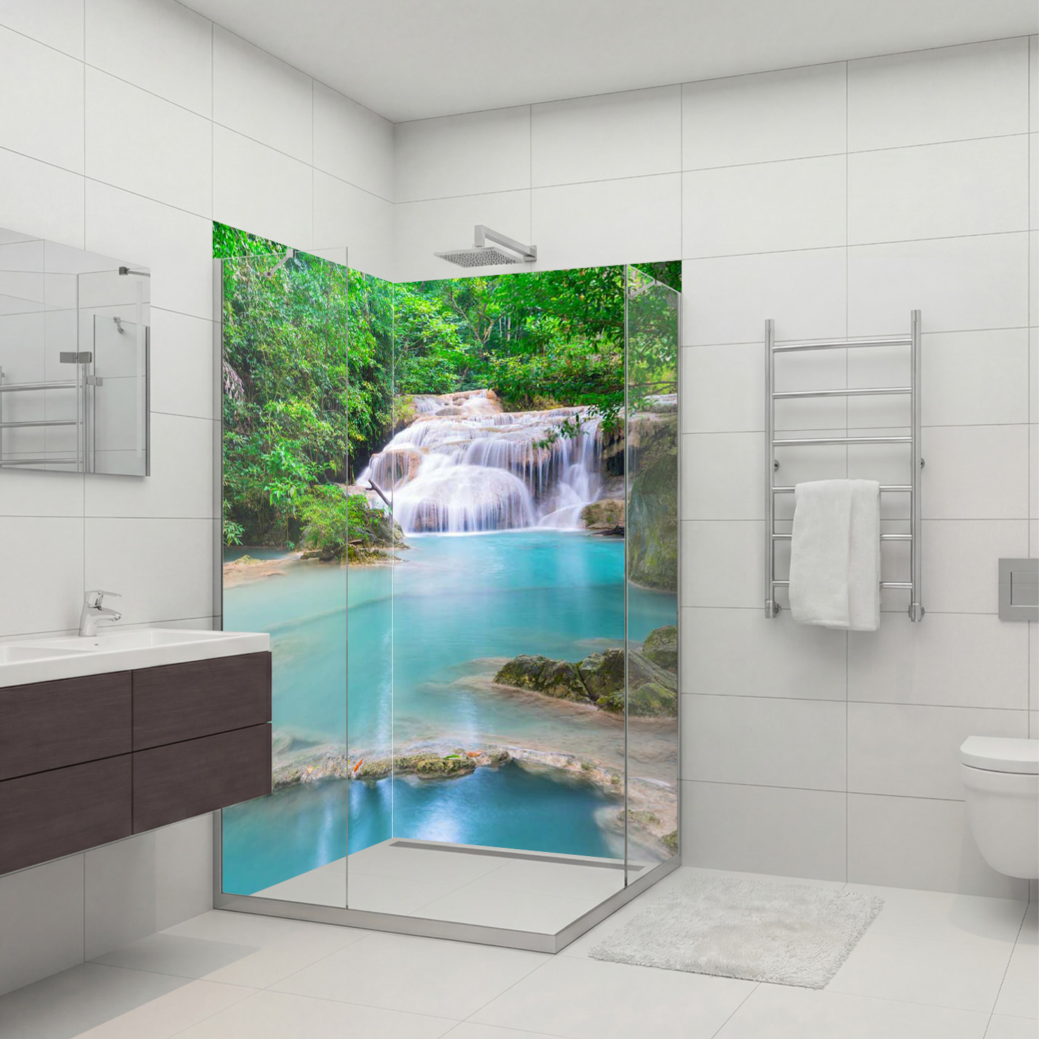 Duschrückwand mit Wasserfall V7 Motiv, als Badrückwand zum Fliesenersatz