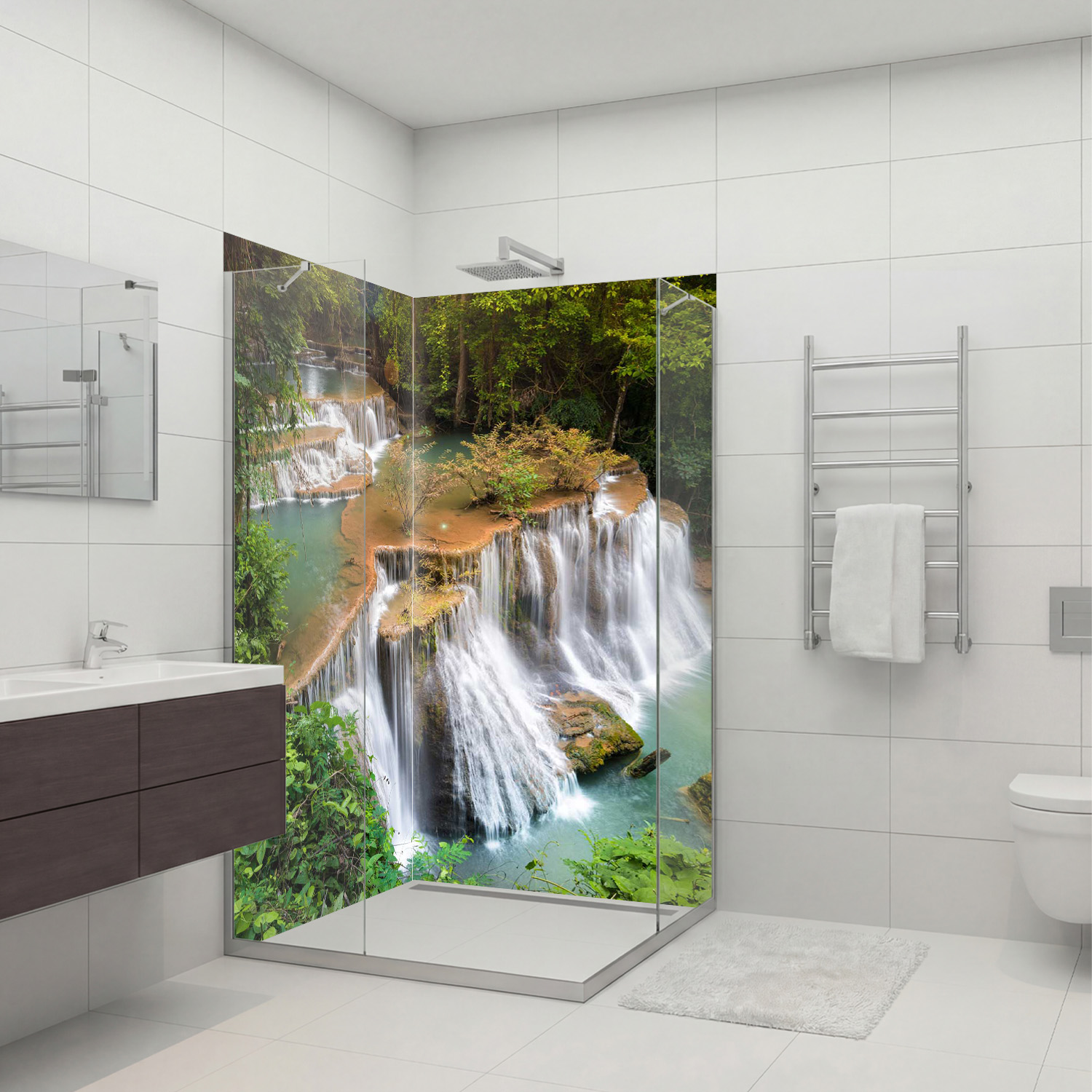 Duschrückwand mit Wasserfall V19 Motiv, als Badrückwand zum Fliesenersatz