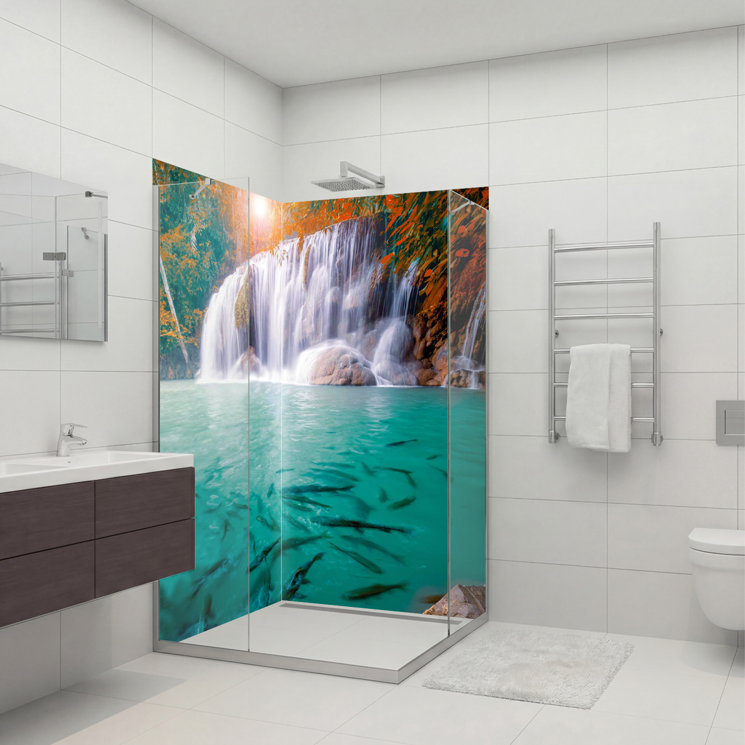 Duschrückwand mit Wasserfall V16 Motiv, als Badrückwand zum Fliesenersatz