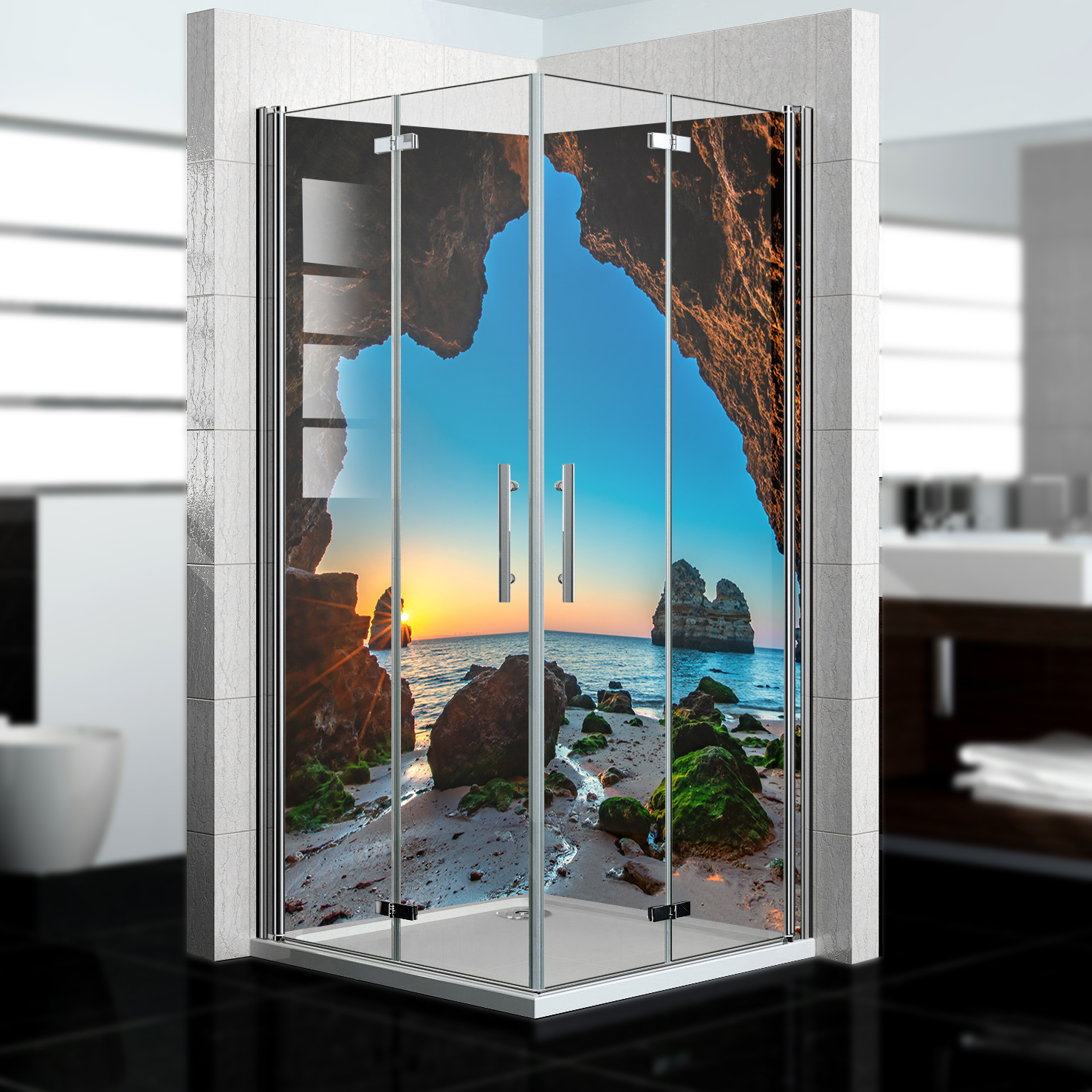 Duschrückwand mit Höhle V1 Motiv, als Badrückwand zum Fliesenersatz  Duschrückwand mit Höhle V1 Motiv, als Badrückwand zum Fliesenersatz