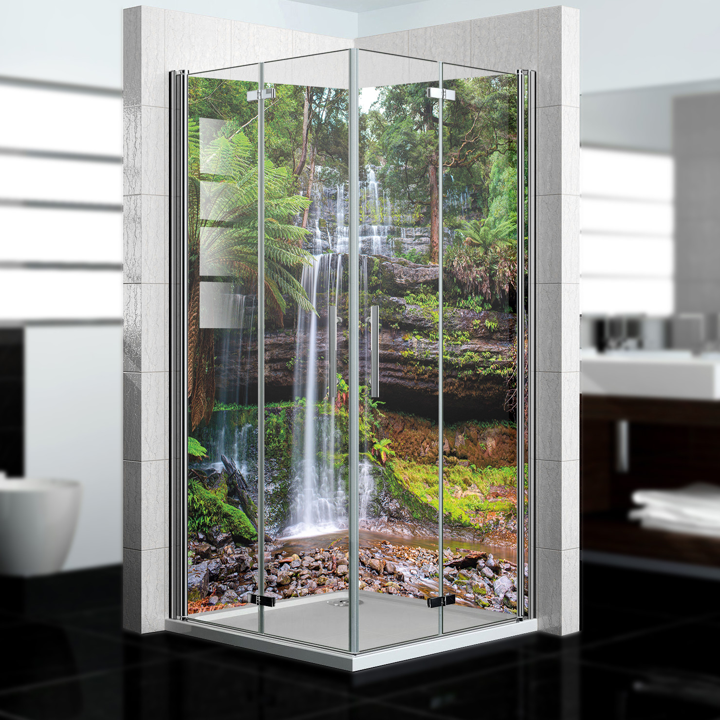 Duschrückwand mit Wasserfall V21 Motiv, als Badrückwand zum Fliesenersatz Duschrückwand mit Wasserfall V21 Motiv, als Badrückwand zum Fliesenersatz