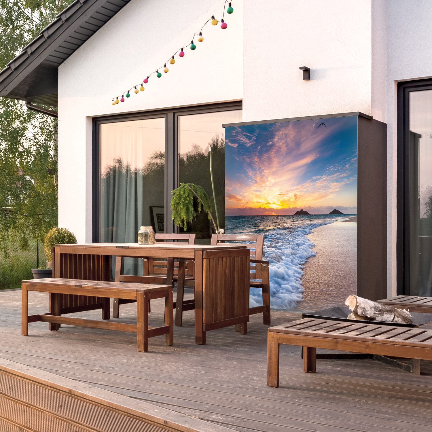 Wandverkleidung für den Outdoorbereich mit Strand V5 Motiv