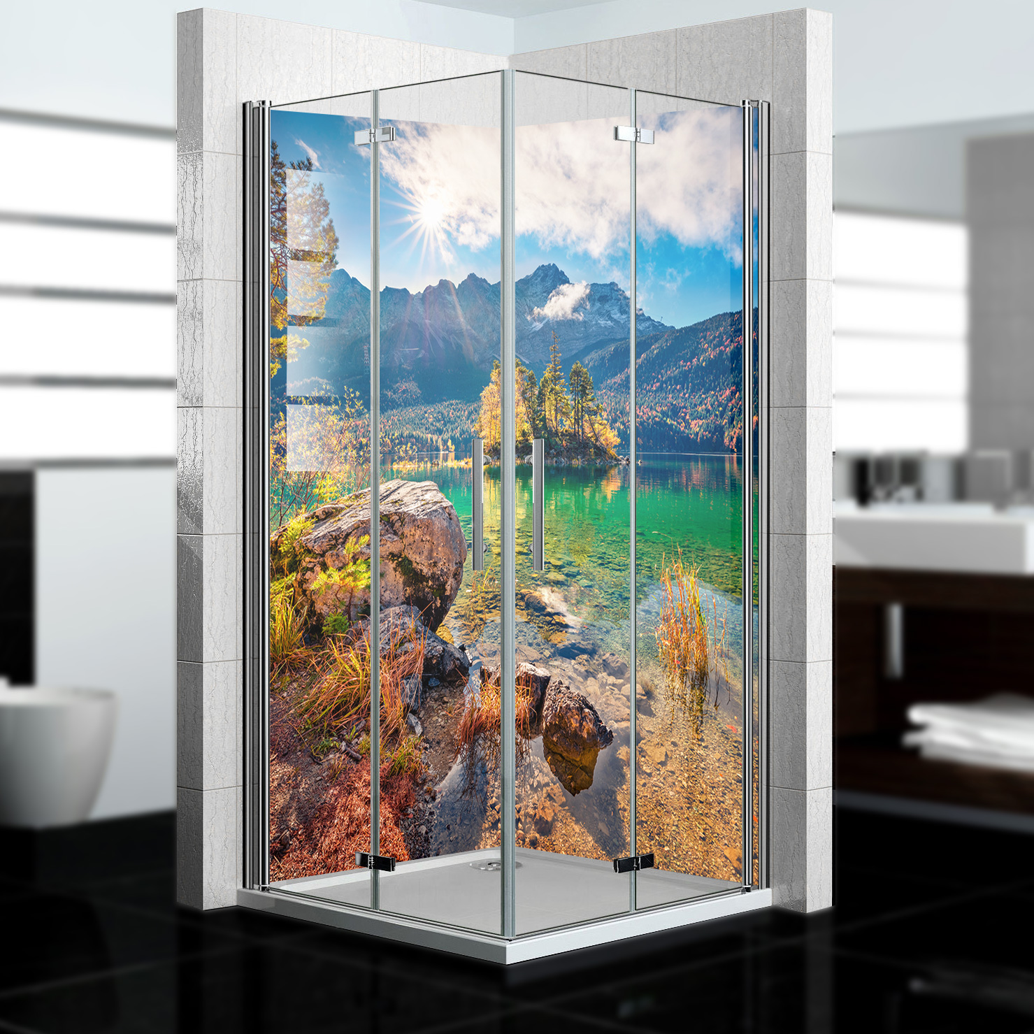 Duschrückwand mit Berg V7 Motiv, als Badrückwand zum Fliesenersatz  Duschrückwand mit Berg V7 Motiv, als Badrückwand zum Fliesenersatz