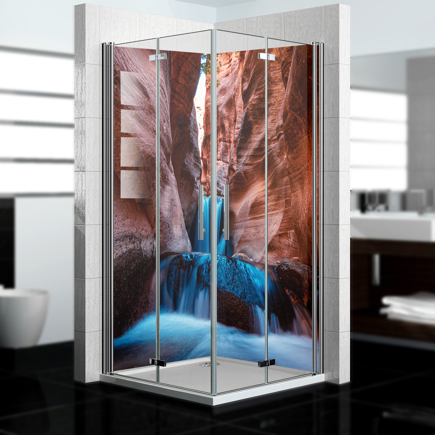 Duschrückwand mit Wasserfall V18 Motiv, als Badrückwand zum Fliesenersatz  Duschrückwand mit Wasserfall V18 Motiv, als Badrückwand zum Fliesenersatz