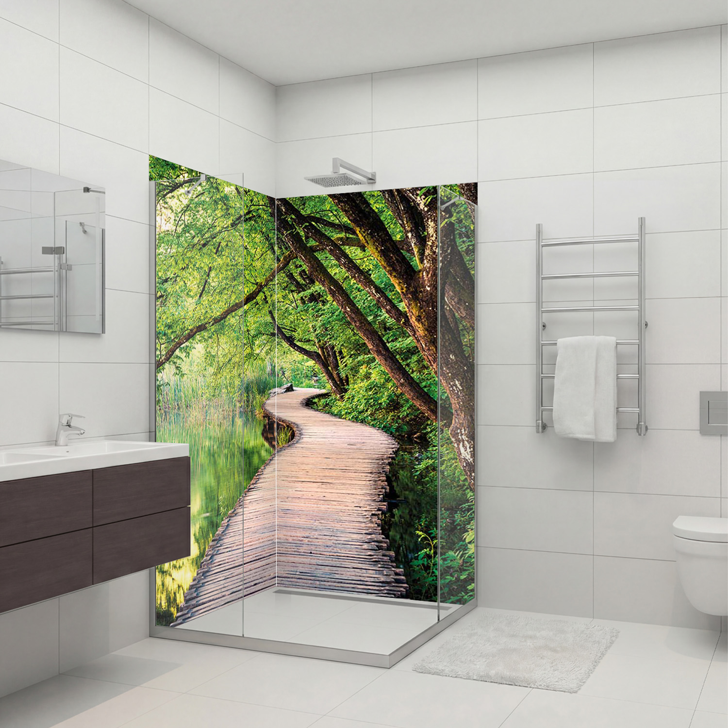 Duschrückwand mit Wald V4 Motiv, als Badrückwand zum Fliesenersatz