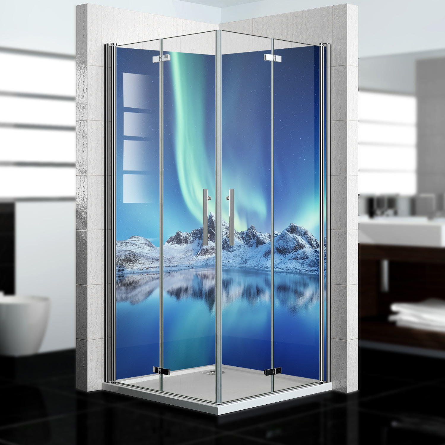 Duschrückwand mit Polarlicht V2 Motiv, als Badrückwand zum Fliesenersatz Duschrückwand mit Polarlicht V2 Motiv, als Badrückwand zum Fliesenersatz