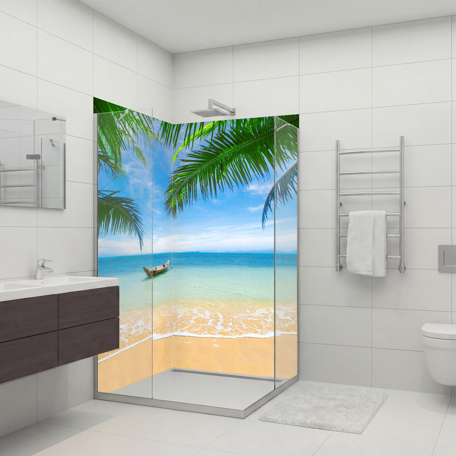 Duschrückwand mit Strand V2 Motiv, als Badrückwand zum Fliesenersatz