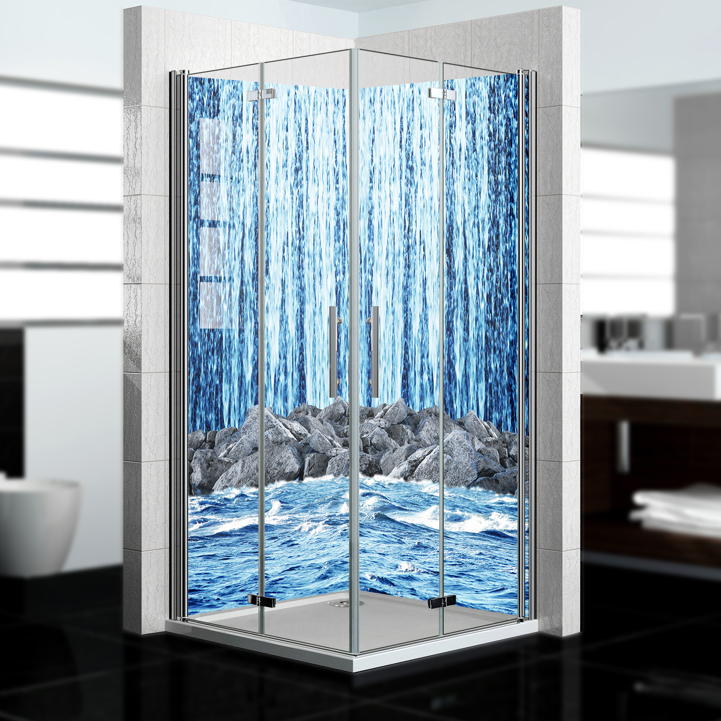 Duschrückwand mit Wasserfall V14 Motiv, als Badrückwand zum Fliesenersatz  Duschrückwand mit Wasserfall V14 Motiv, als Badrückwand zum Fliesenersatz