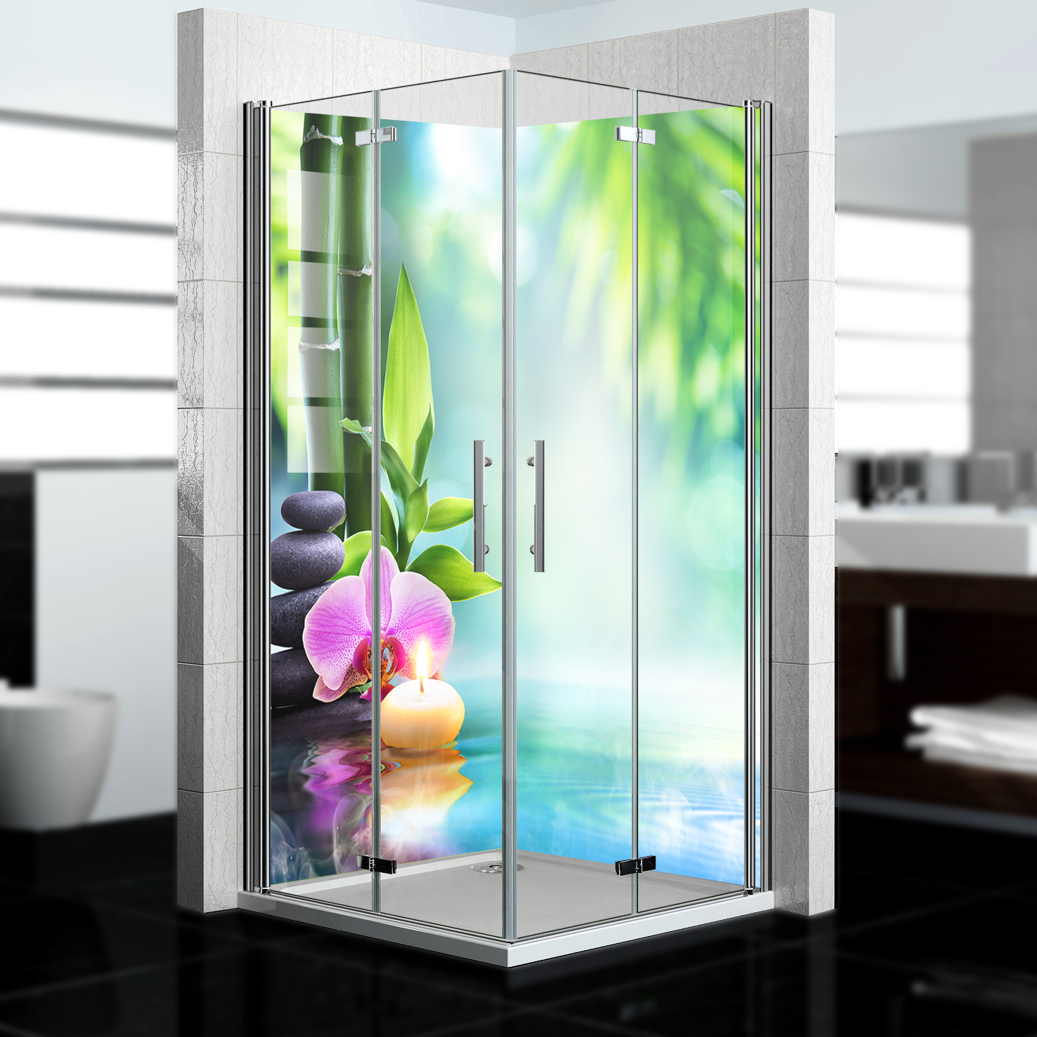 Duschrückwand mit Zen V4 Motiv, als Badrückwand zum Fliesenersatz  Duschrückwand mit Zen V4 Motiv, als Badrückwand zum Fliesenersatz