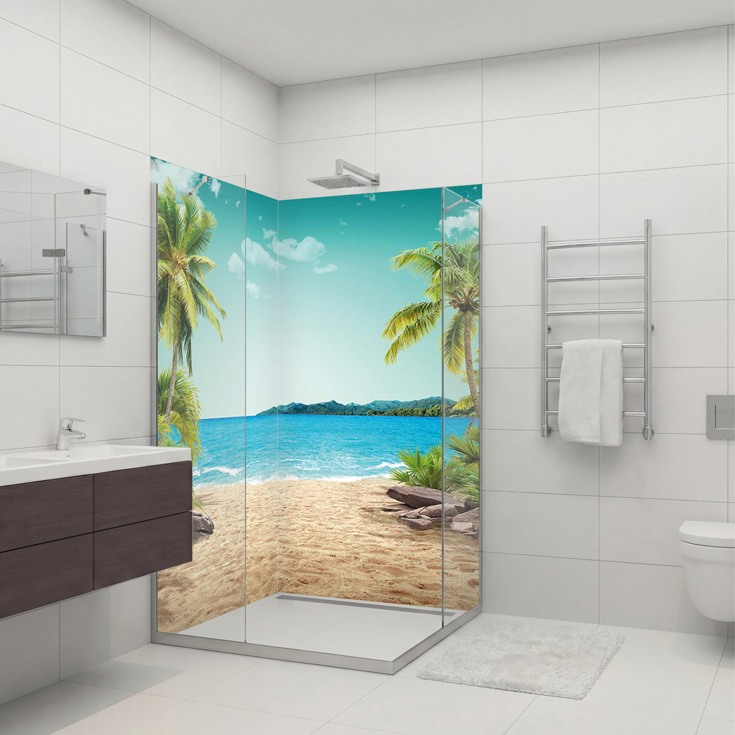 Duschrückwand mit Strand V8 Motiv, als Badrückwand zum Fliesenersatz