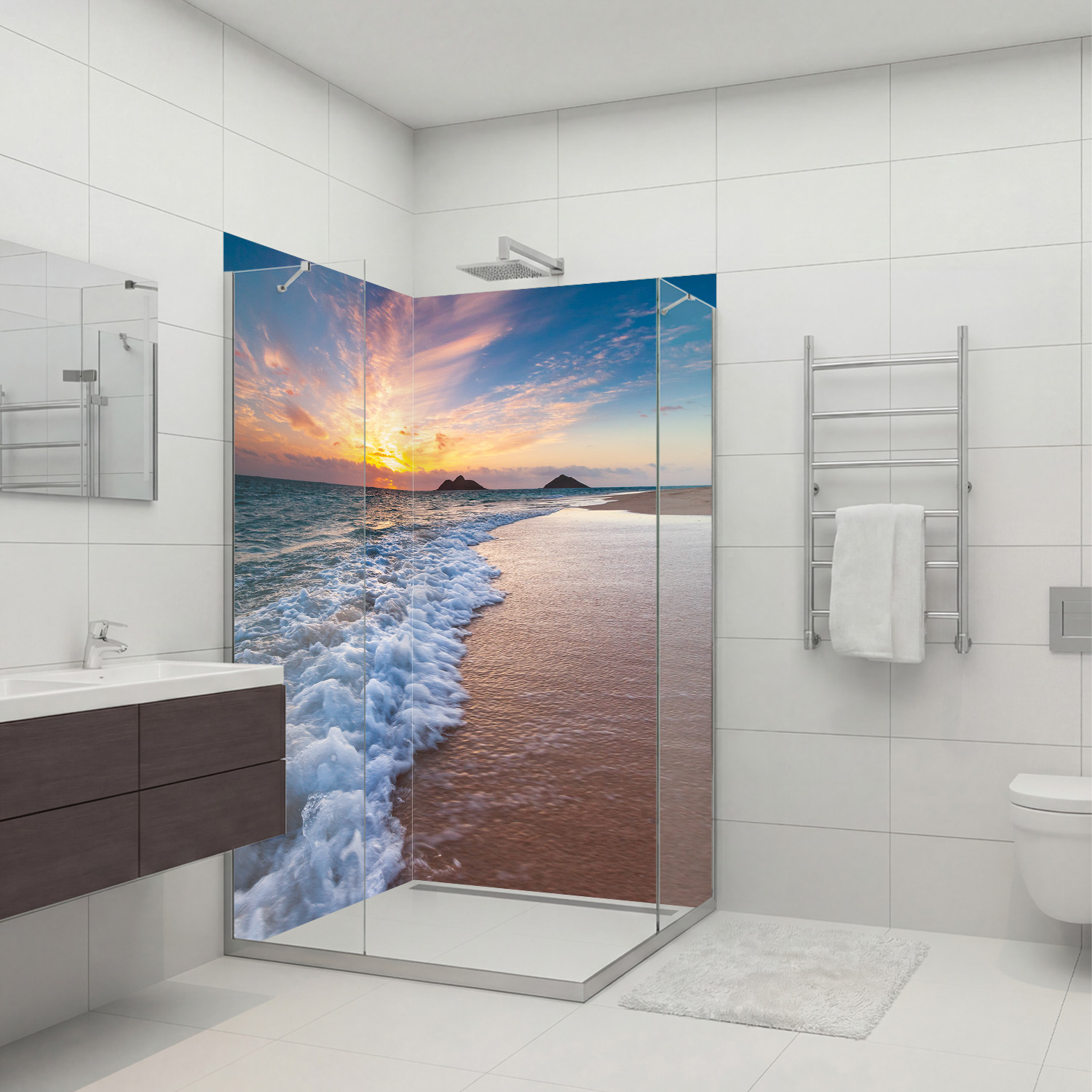 Duschrückwand mit Strand V5 Motiv, als Badrückwand zum Fliesenersatz