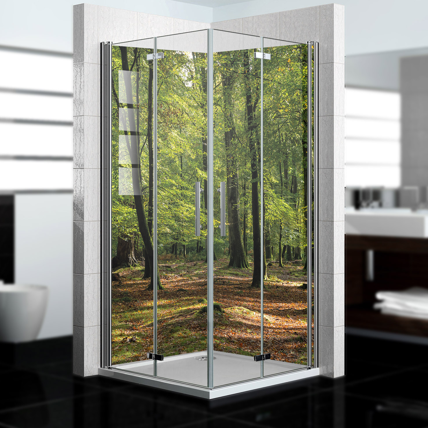 Duschrückwand mit Wald V6 Motiv, als Badrückwand zum Fliesenersatz Duschrückwand mit Wald V6 Motiv, als Badrückwand zum Fliesenersatz