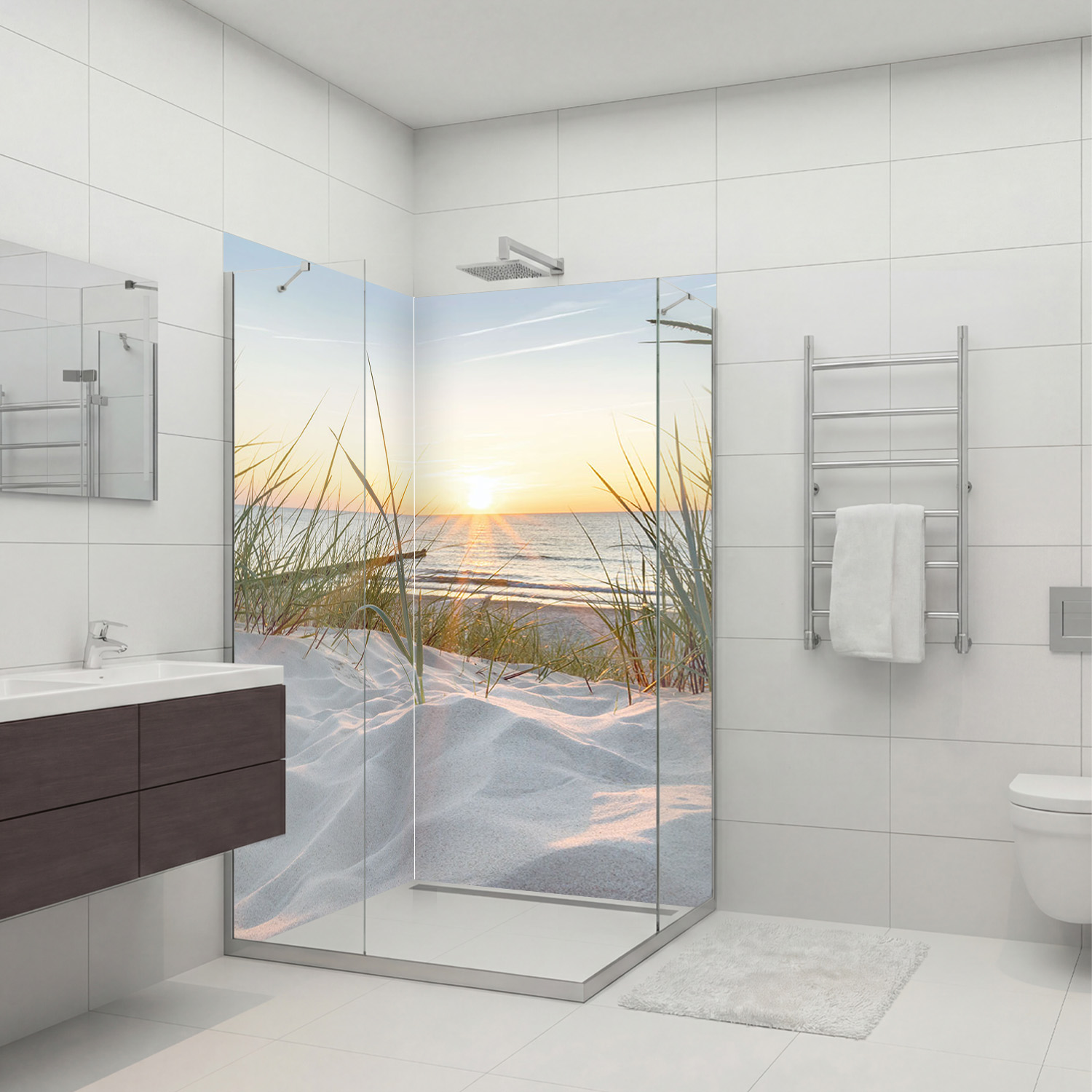 Duschrückwand mit Sonnenaufgang V1 Motiv, als Badrückwand zum Fliesenersatz