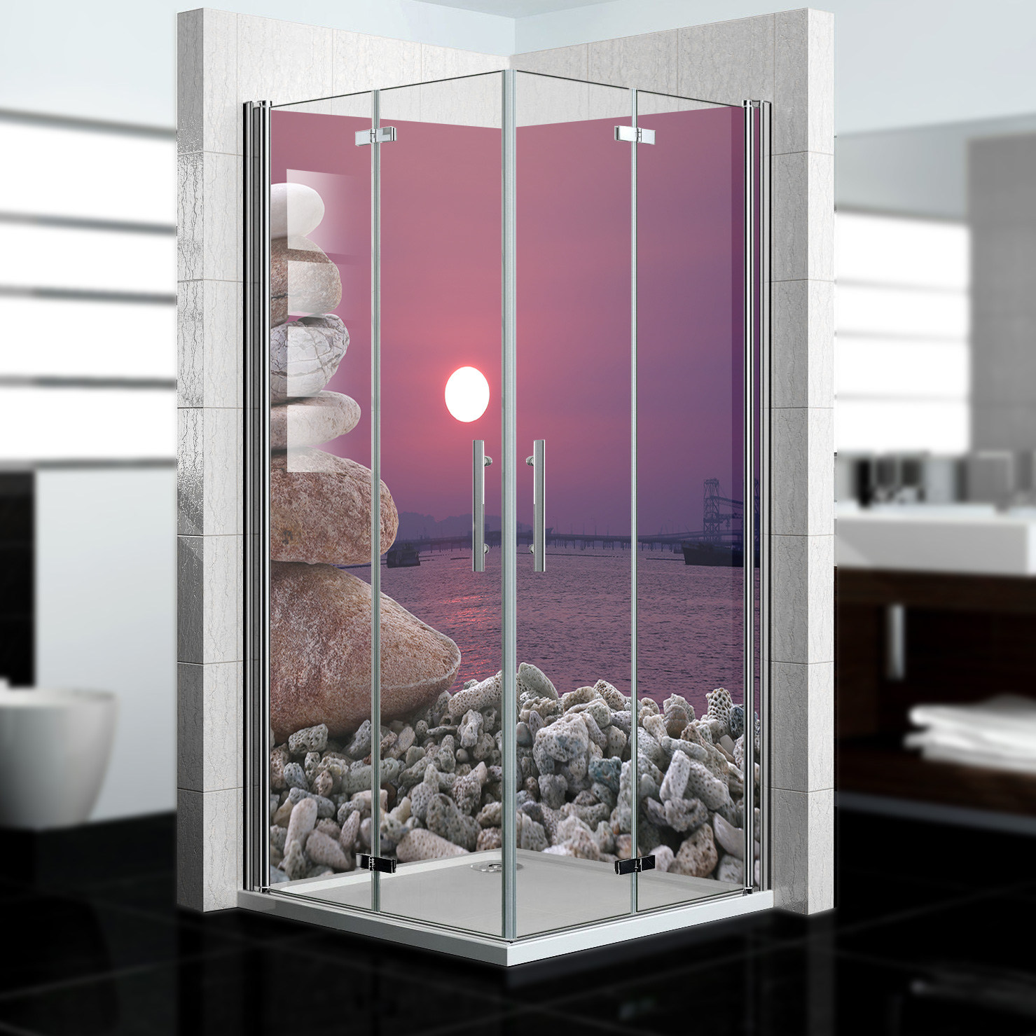 Duschrückwand mit Zen V8 Motiv, als Badrückwand zum Fliesenersatz Duschrückwand mit Zen V8 Motiv, als Badrückwand zum Fliesenersatz