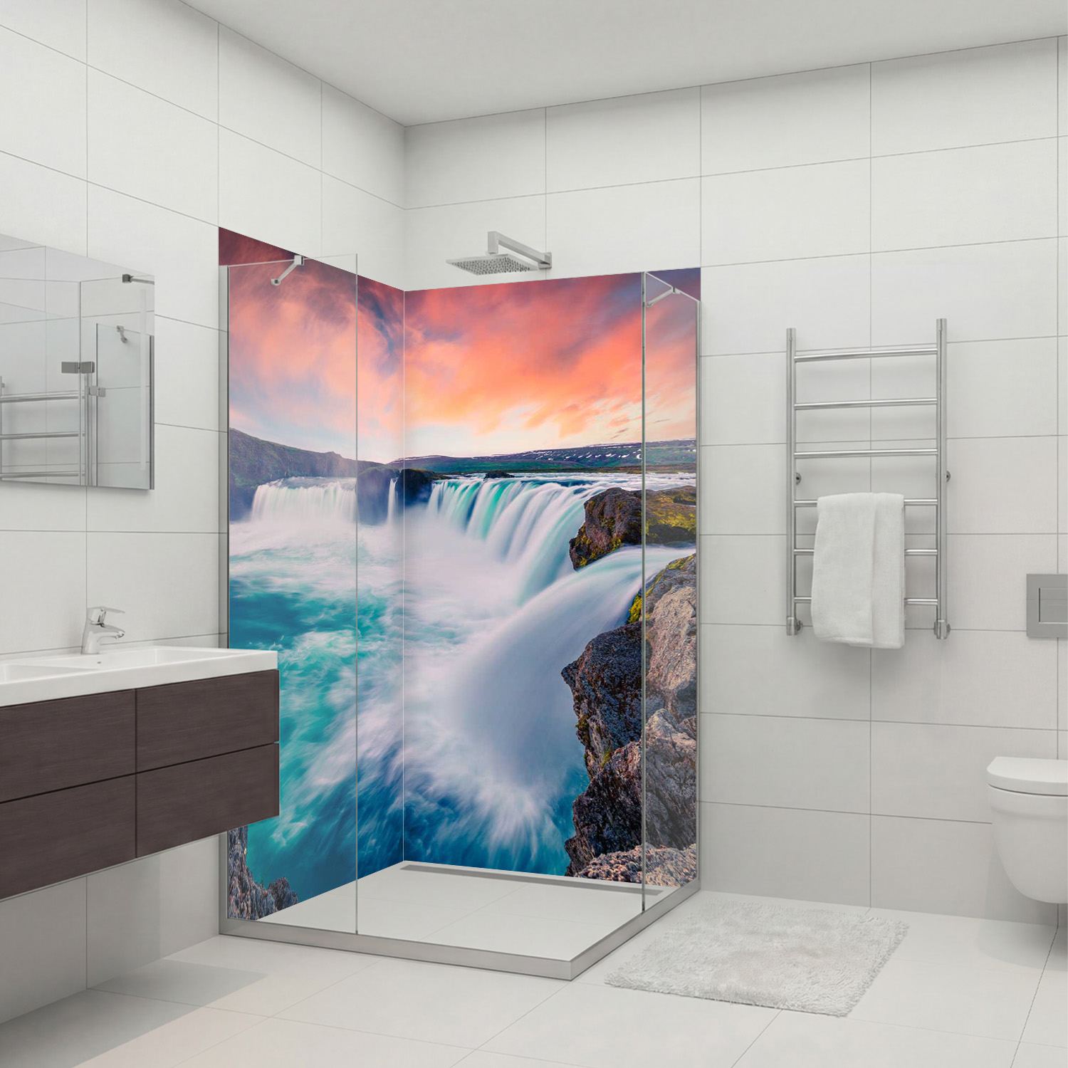 Duschrückwand mit Wasserfall V4 Motiv, als Badrückwand zum Fliesenersatz