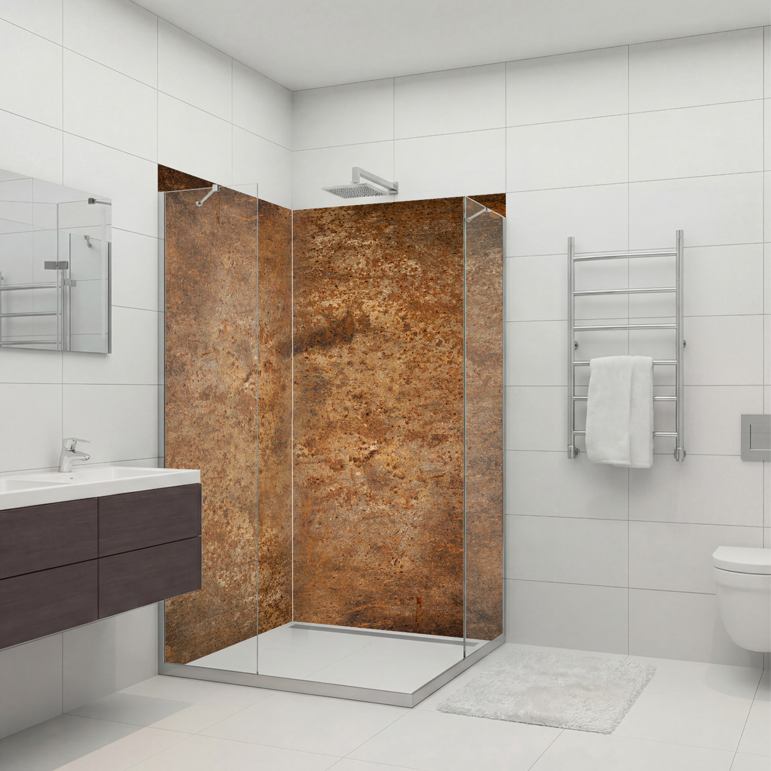 Duschrückwand mit Rost V1 Motiv, als Badrückwand zum Fliesenersatz