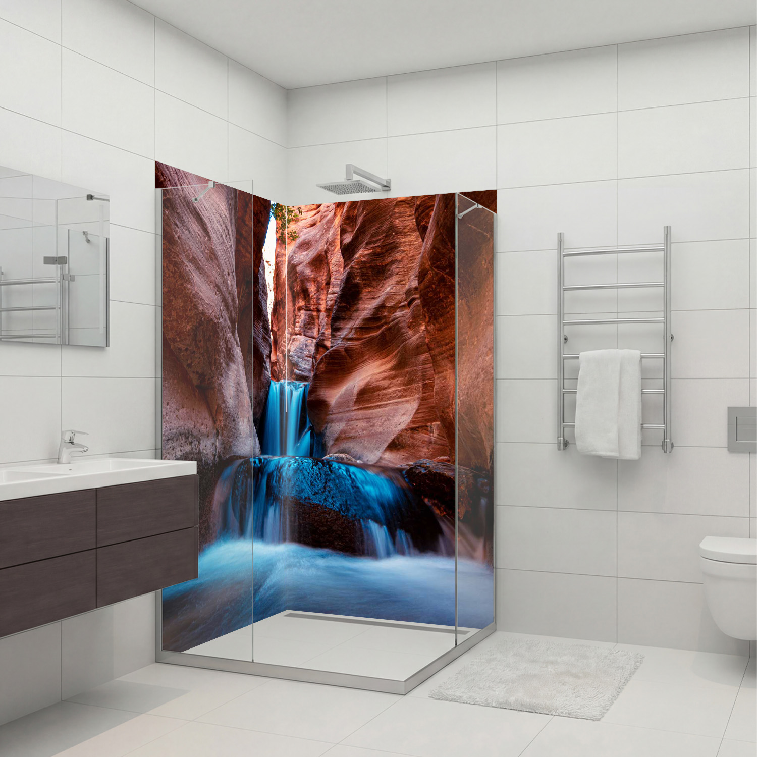 Duschrückwand mit Wasserfall V18 Motiv, als Badrückwand zum Fliesenersatz