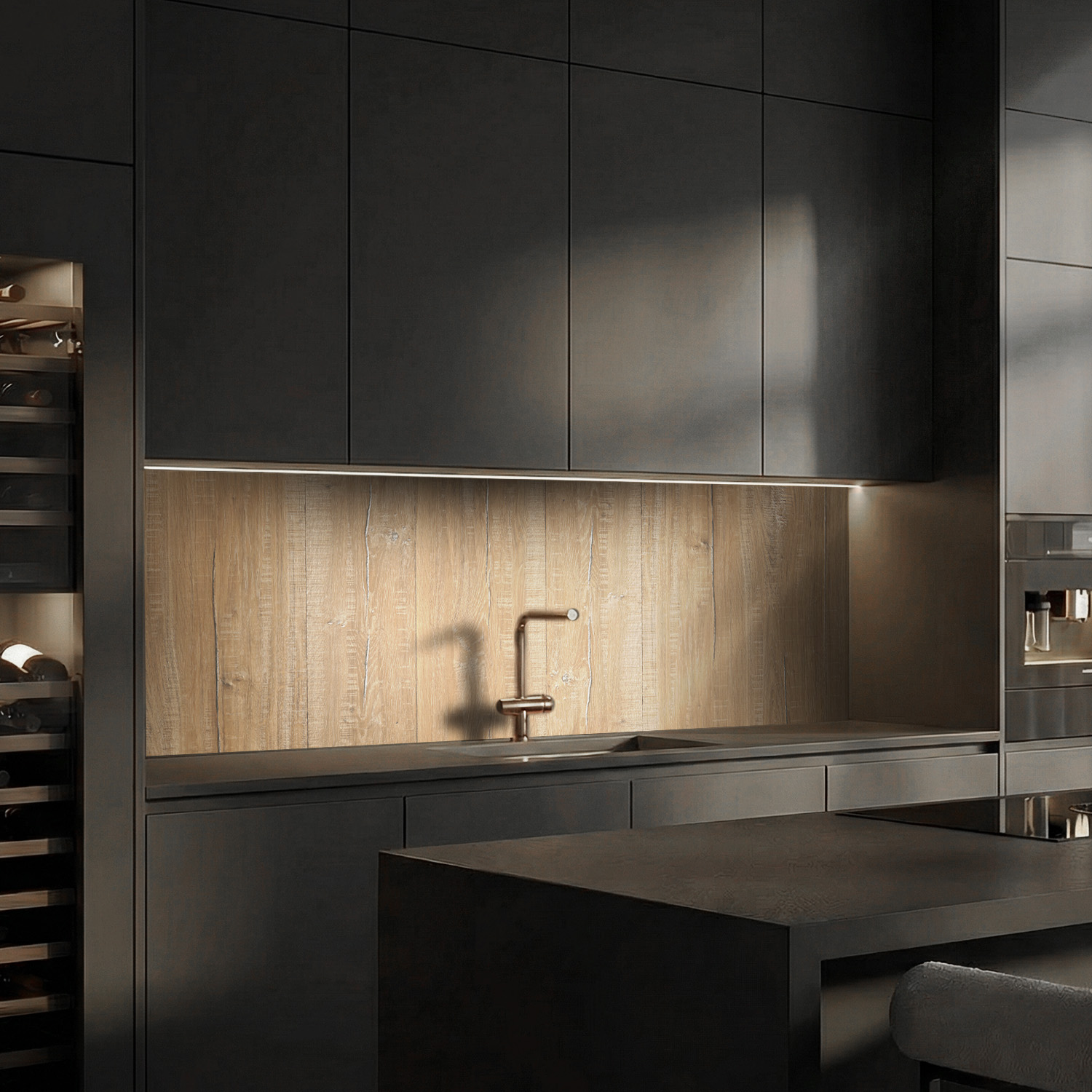 Küchenrückwand mit Holz V8 Motiv als Fliesenersatz und Spritzschutz