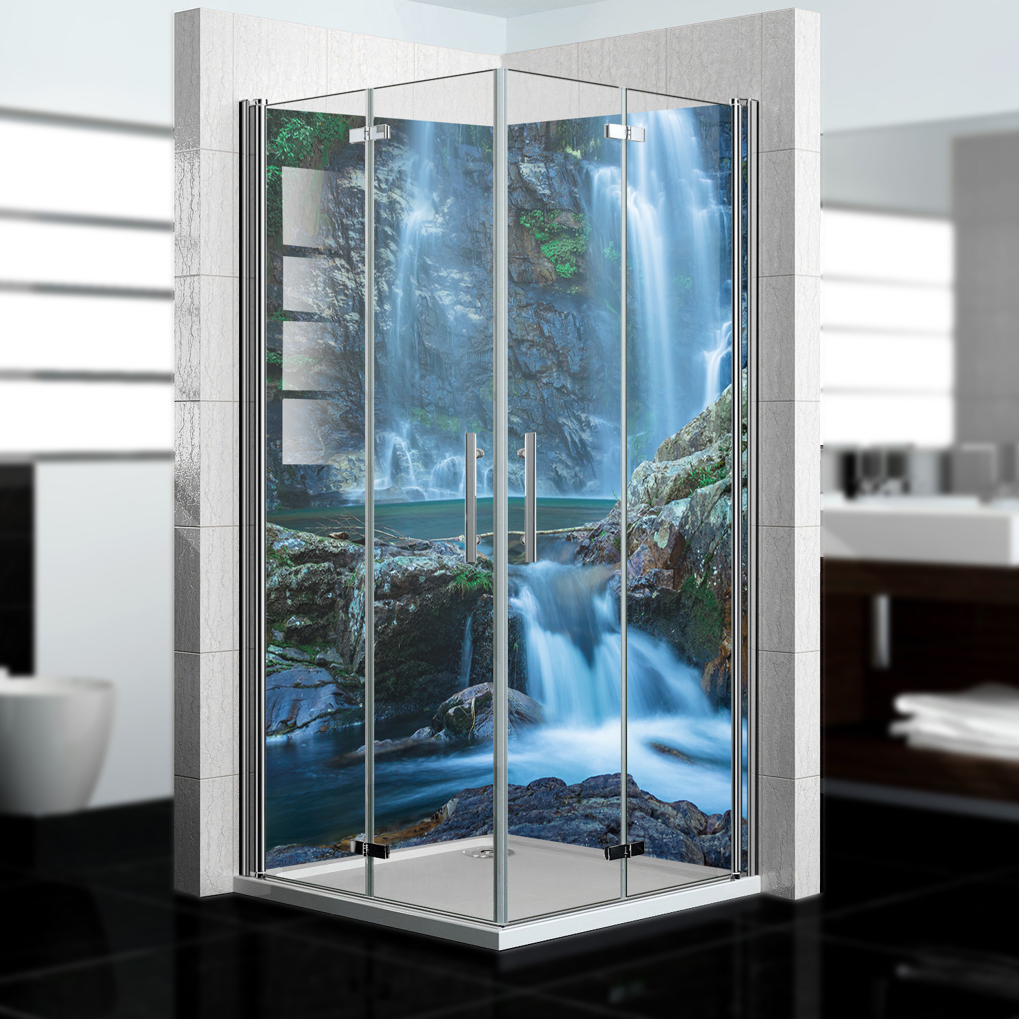 Duschrückwand mit Wasserfall V22 Motiv, als Badrückwand zum Fliesenersatz  Duschrückwand mit Wasserfall V22 Motiv, als Badrückwand zum Fliesenersatz