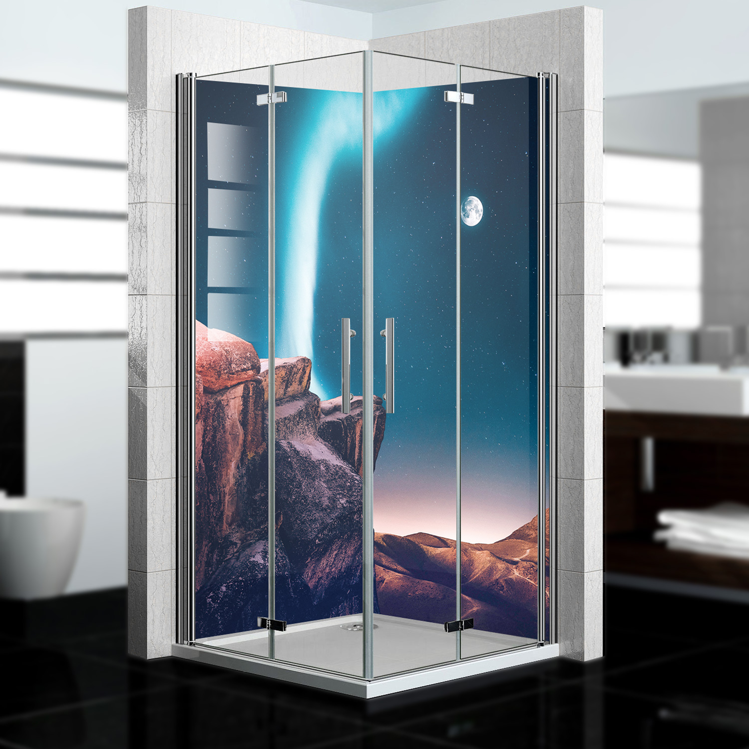 Duschrückwand mit Polarlicht V1 Motiv, als Badrückwand zum Fliesenersatz Duschrückwand mit Polarlicht V1 Motiv, als Badrückwand zum Fliesenersatz