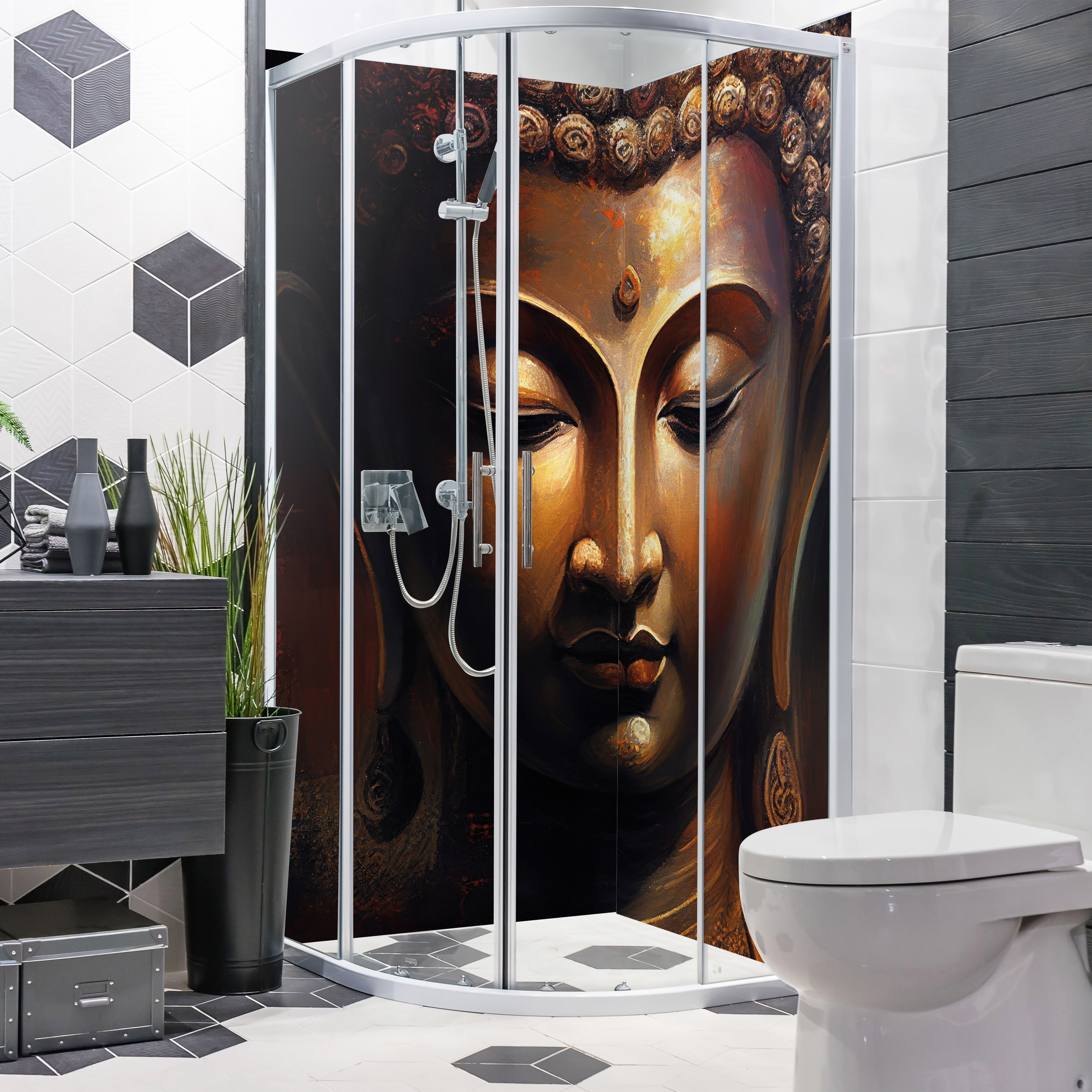 duschrückwand mit buddha v2 motiv, als badrückwand zum fliesenersatz