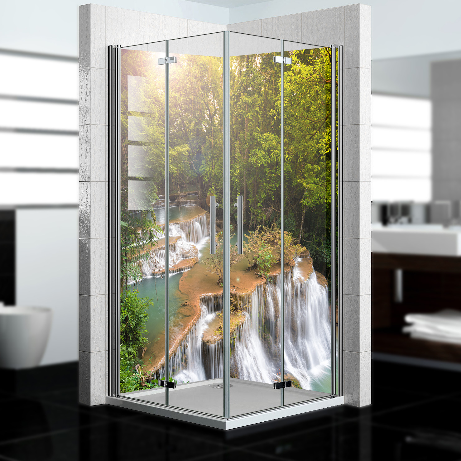 Duschrückwand mit Wasserfall V19 Motiv, als Badrückwand zum Fliesenersatz Duschrückwand mit Wasserfall V19 Motiv, als Badrückwand zum Fliesenersatz