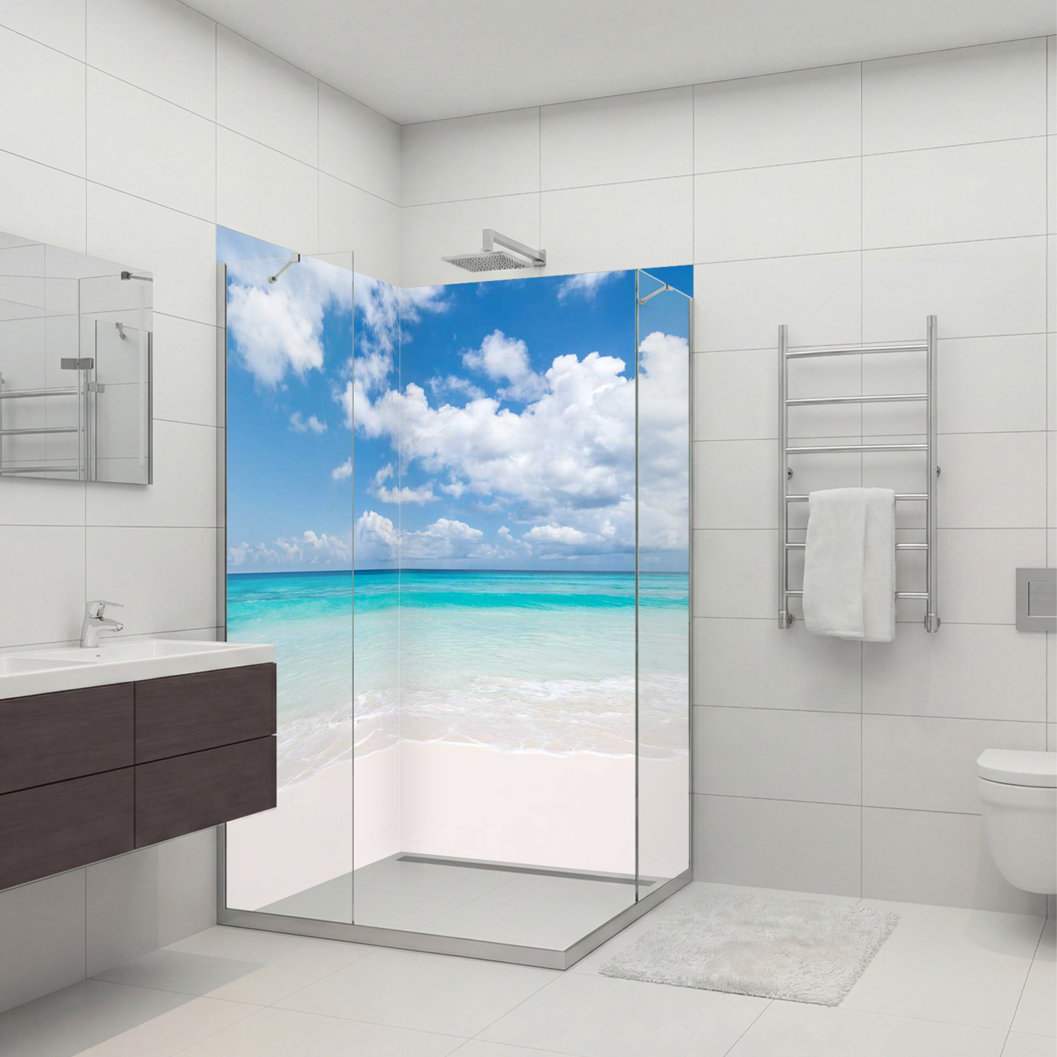 Duschrückwand mit Strand V3 Motiv, als Badrückwand zum Fliesenersatz