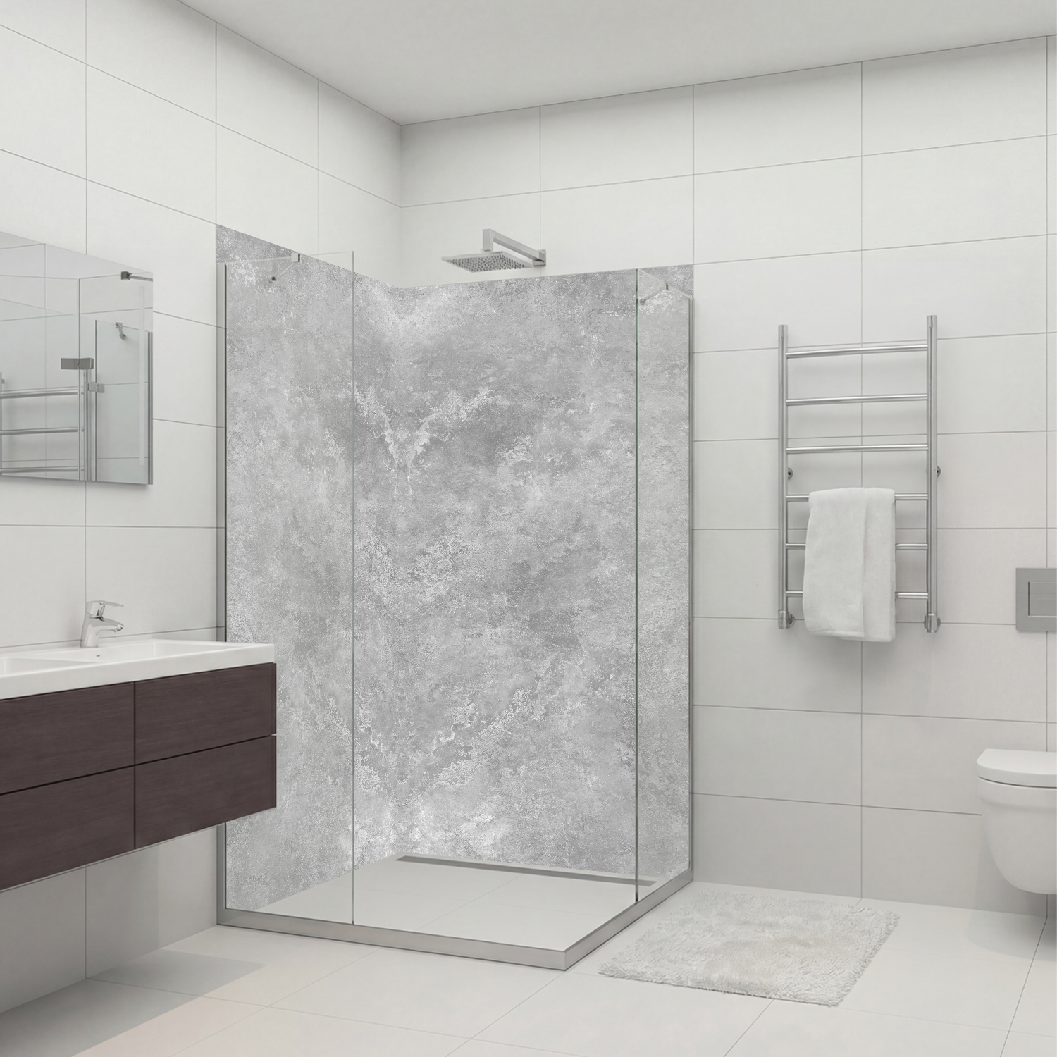 Duschrückwand mit  Beton V9 Motiv, als Badrückwand zum Fliesenersatz