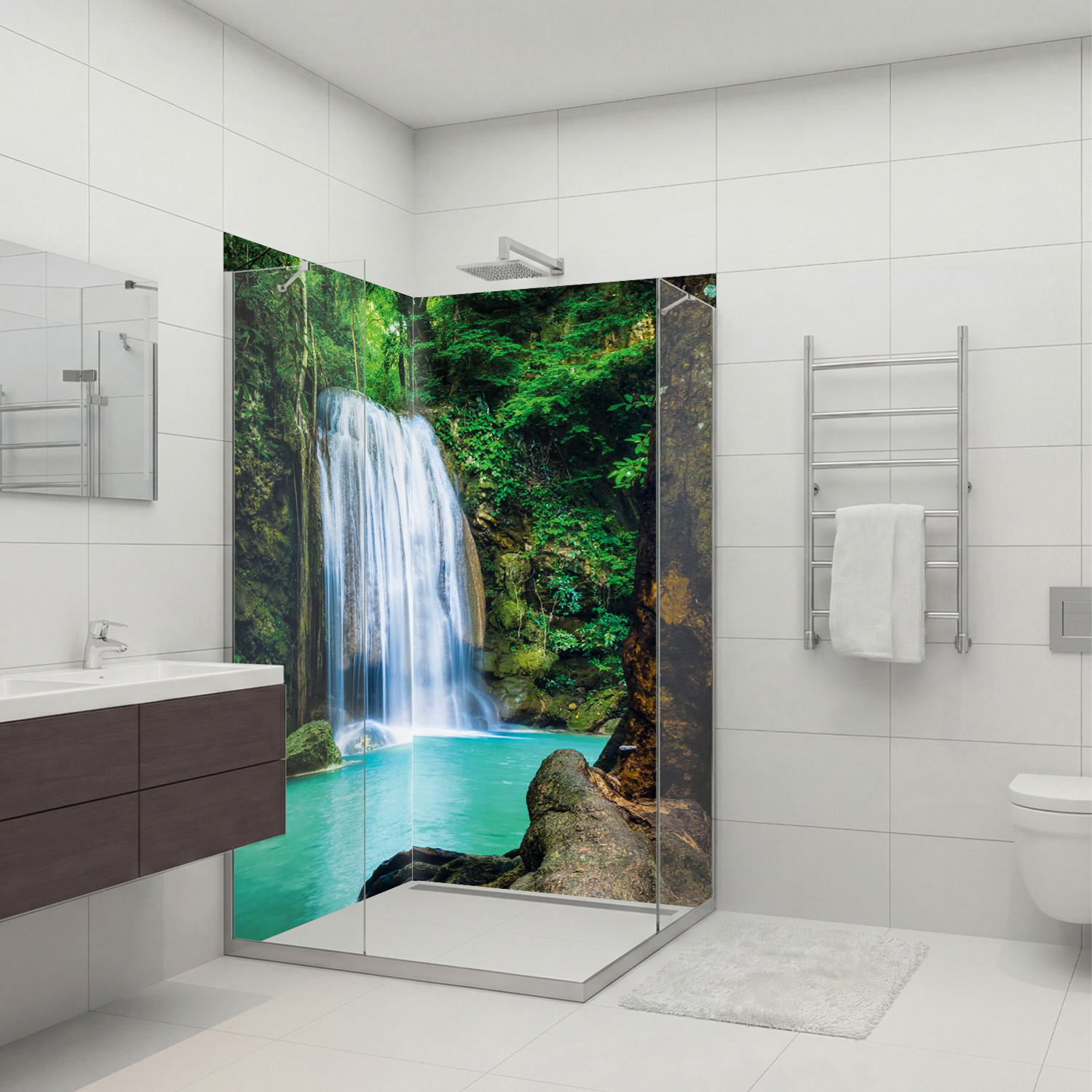 Duschrückwand mit Wasserfall V1 Motiv, als Badrückwand zum Fliesenersatz