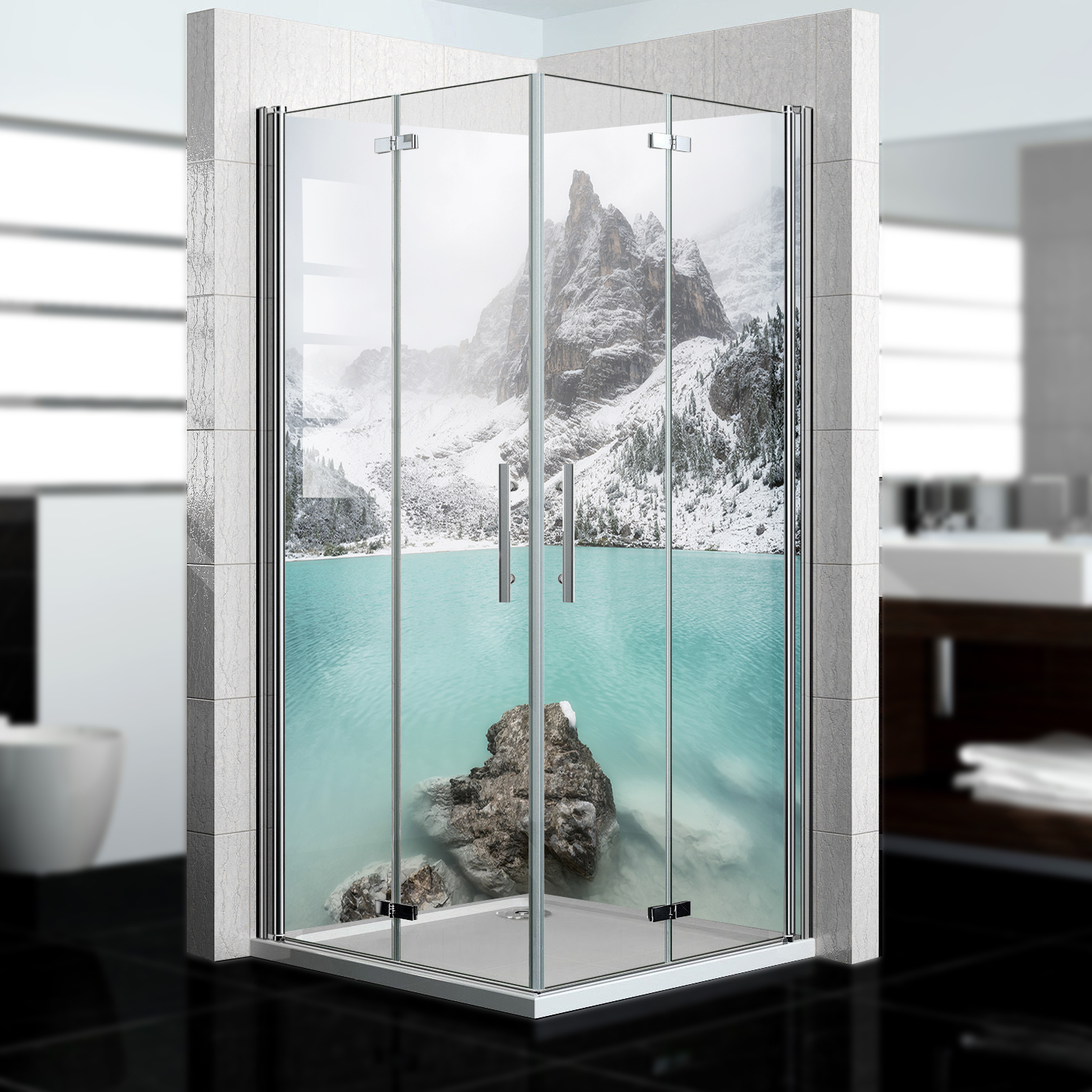 Duschrückwand mit Berg V1 Motiv, als Badrückwand zum Fliesenersatz  Duschrückwand mit Berg V1 Motiv, als Badrückwand zum Fliesenersatz