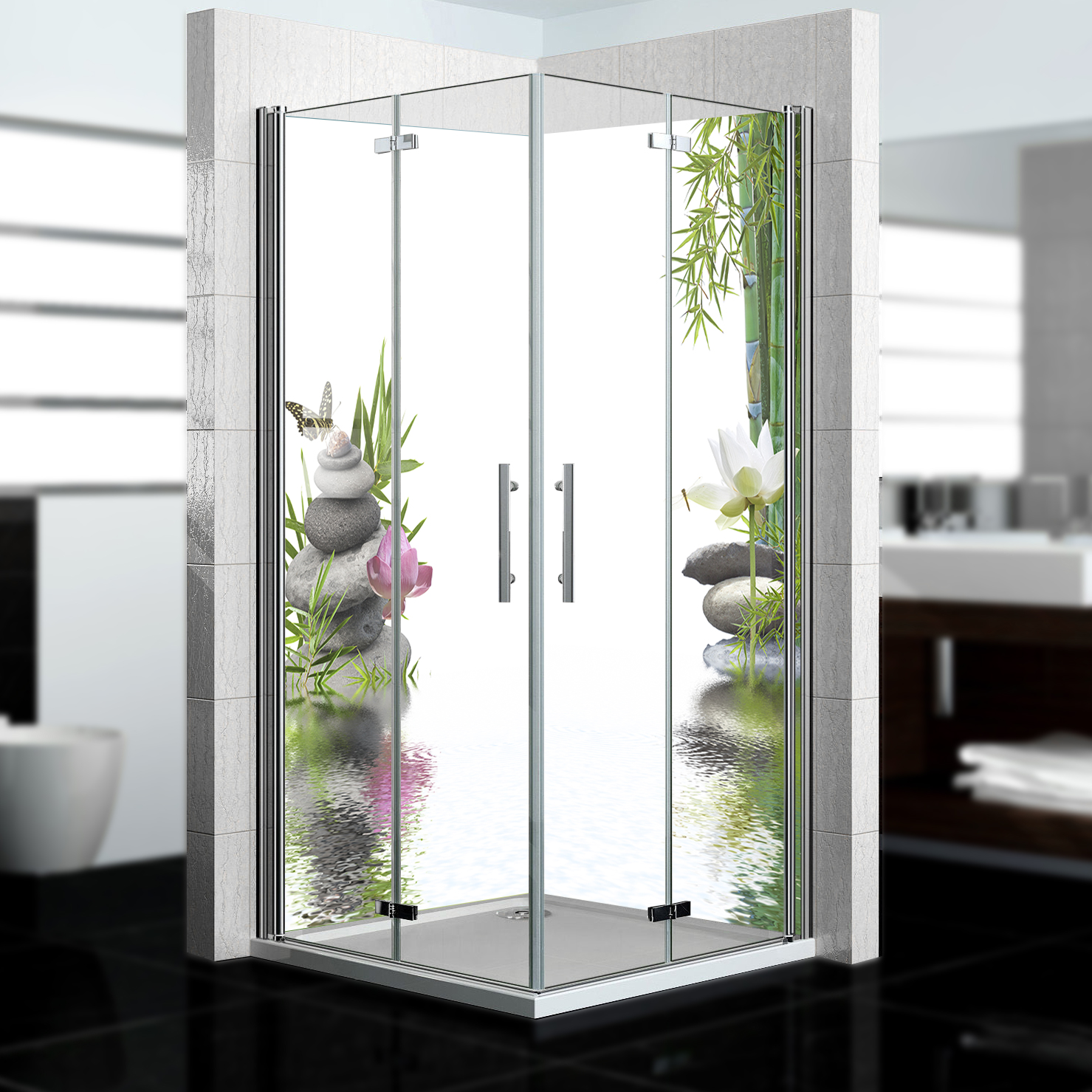 Duschrückwand mit Zen V3 Motiv, als Badrückwand zum Fliesenersatz  Duschrückwand mit Zen V3 Motiv, als Badrückwand zum Fliesenersatz