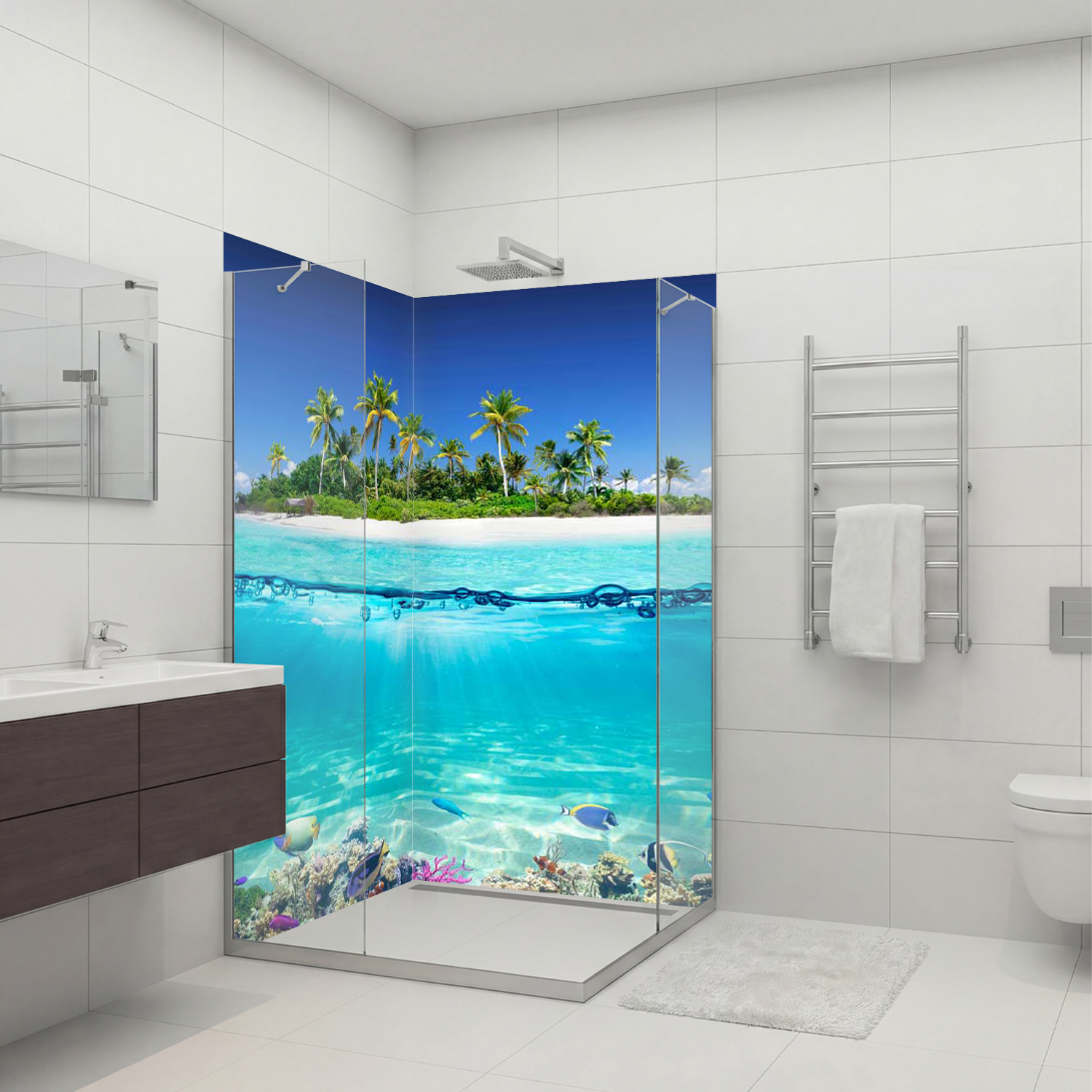 Duschrückwand mit Strand V6 Motiv, als Badrückwand zum Fliesenersatz