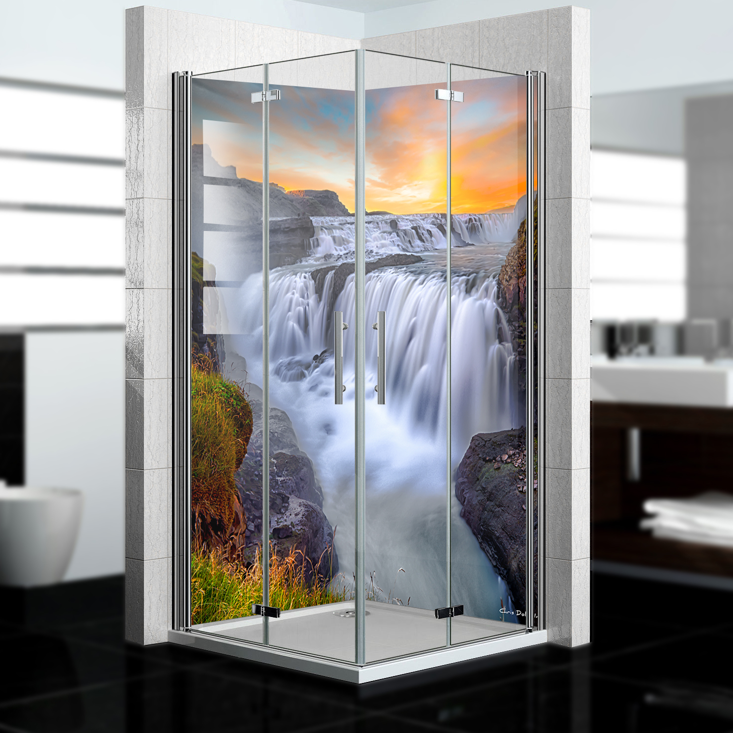 Duschrückwand mit Wasserfall V2 Motiv, als Badrückwand zum Fliesenersatz  Duschrückwand mit Wasserfall V2 Motiv, als Badrückwand zum Fliesenersatz