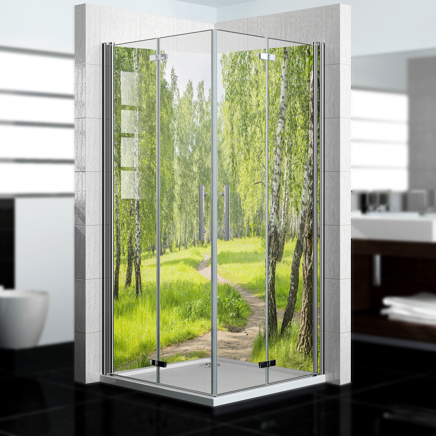 Duschrückwand mit Wald V2 Motiv, als Badrückwand zum Fliesenersatz  Duschrückwand mit Wald V2 Motiv, als Badrückwand zum Fliesenersatz