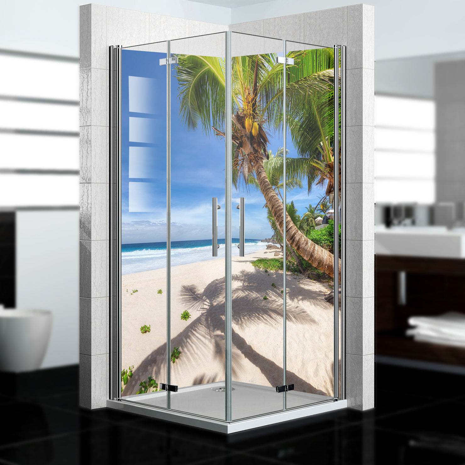 Duschrückwand mit Strand V1 Motiv, als Badrückwand zum Fliesenersatz Duschrückwand mit Strand V1 Motiv, als Badrückwand zum Fliesenersatz
