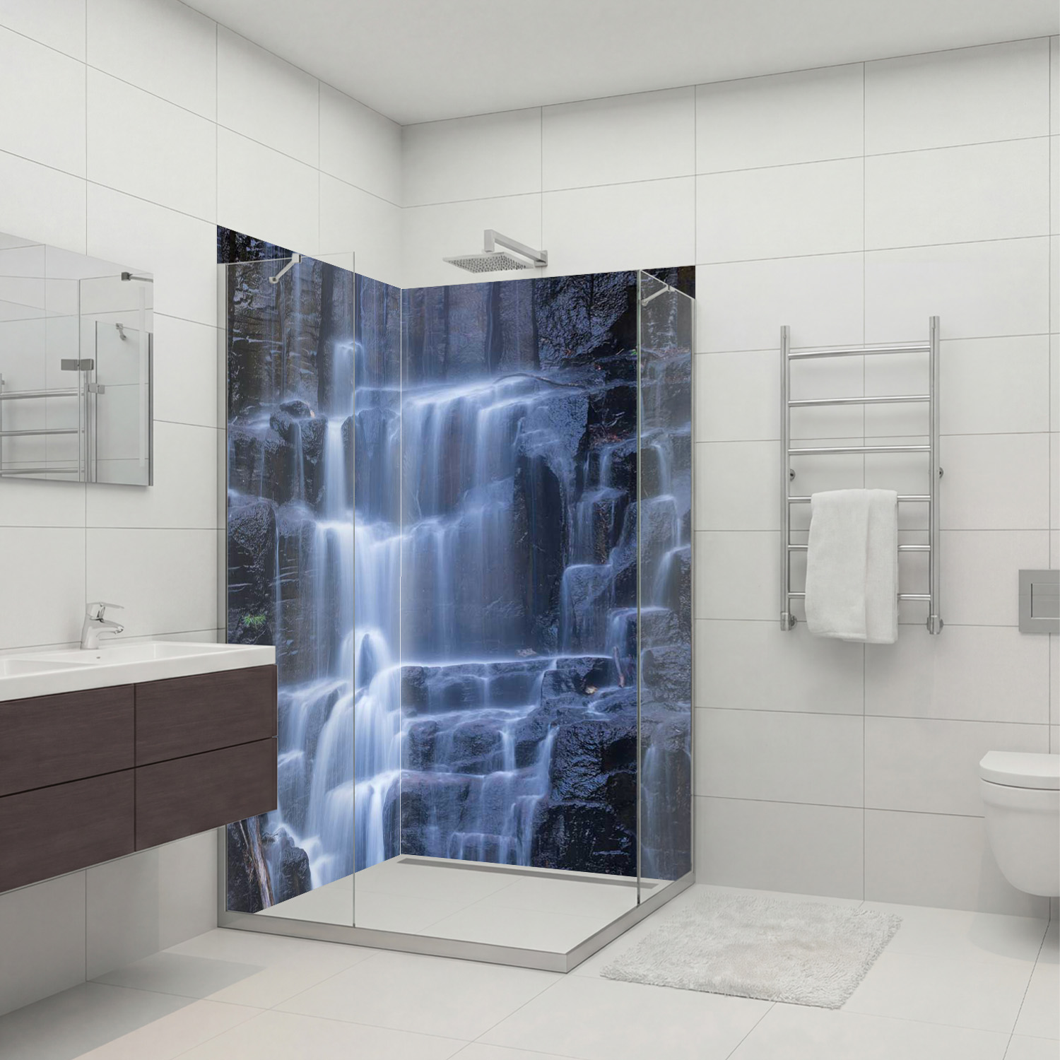 Duschrückwand mit Wasserfall V17 Motiv, als Badrückwand zum Fliesenersatz