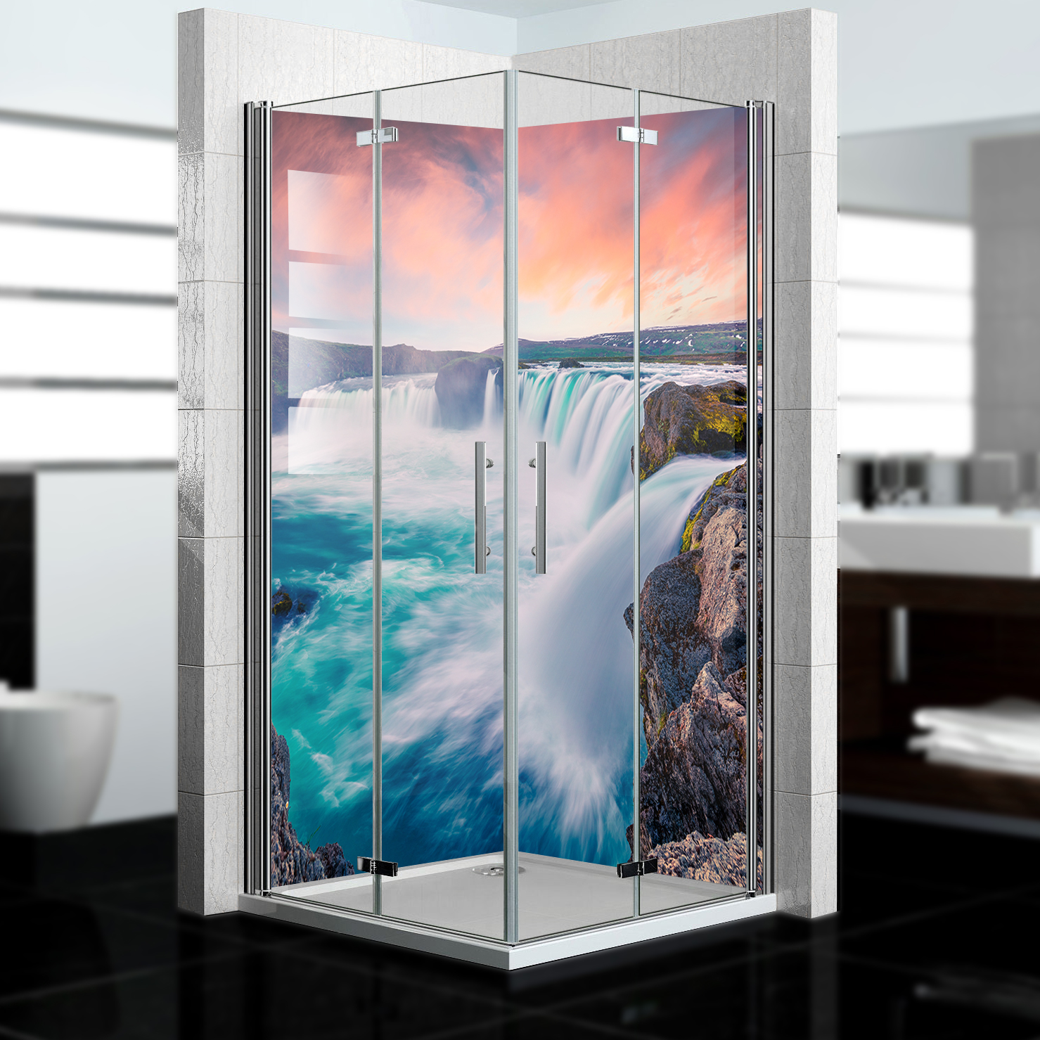 Duschrückwand mit Wasserfall V4 Motiv, als Badrückwand zum Fliesenersatz  Duschrückwand mit Wasserfall V4 Motiv, als Badrückwand zum Fliesenersatz