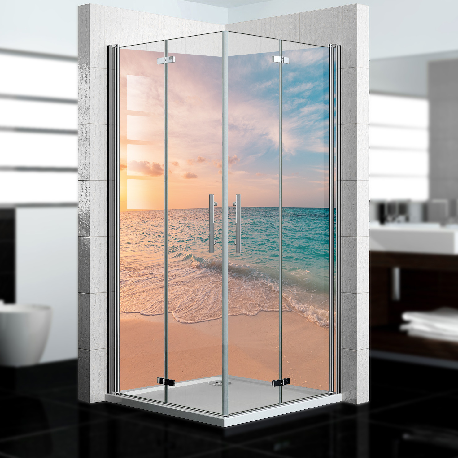 Duschrückwand mit Strand V9 Motiv, als Badrückwand zum Fliesenersatz Duschrückwand mit Strand V9 Motiv, als Badrückwand zum Fliesenersatz