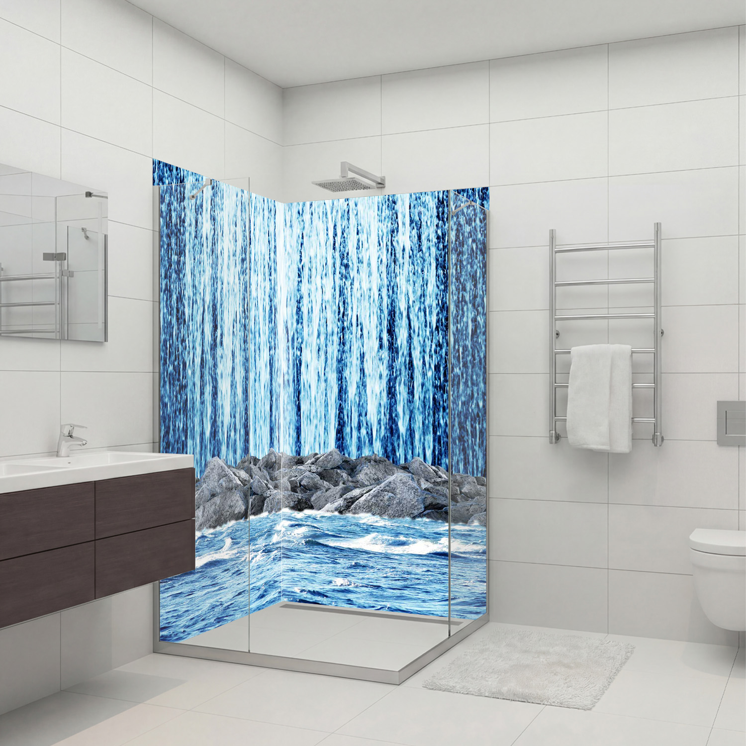 Duschrückwand mit Wasserfall V14 Motiv, als Badrückwand zum Fliesenersatz